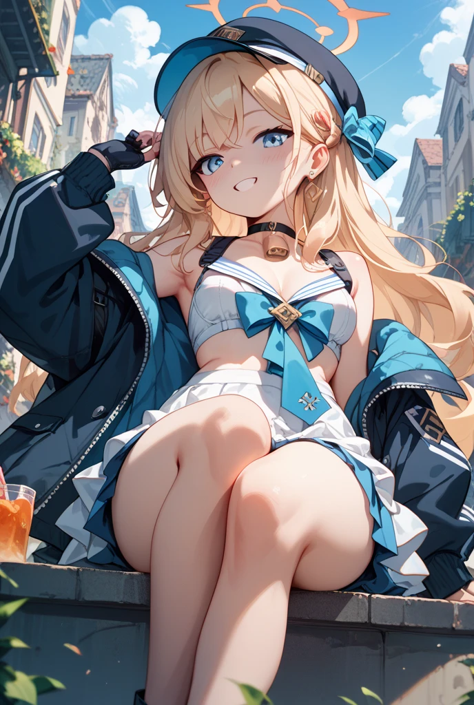 ((super masterpiece))、blonde、blue eyes、girl、Small breasts、Twin tails、girl、Small breasts、ta、Bright smile、Looks about 15 yan Musume、Lolita、Small bre、Eye highlights、Sexy thighs、Walking Outside、blue sky、(Real Detail:1.5)、(( Fine Eyes, Beautiful Eyes, Perfect Eyes,Curl your eyelashes, Realistic eyes))、