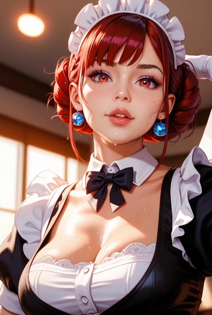 ((((masterpiece, best quality, high resolution)))), Extremely detailed 8K, Beautiful girl with voluptuous body, (Ultra HD, Ultra-detailed, Highly detailed, Highly realistic, Ultra-realistic, photograph realistic), (Realistic red hair), (single hair bun), (porn poses), (embarrassed, smile), (beautiful detailed face, aroused expression, seductive look, lustful eyes, flushed cheeks, parted lips, beautiful detailed eyes), (wet maid outfit), (macro skirts), ((high heels)) (standing up), sweat, (sunbeam, sunlight), seductive, naughty