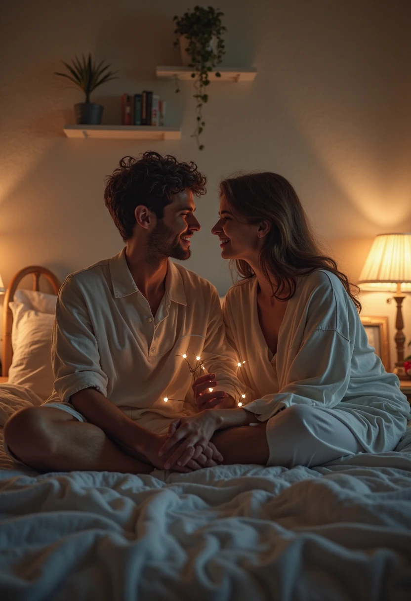 Two beautiful couple is on a bed having fun. The boy and girl are too pretty and handsome. 