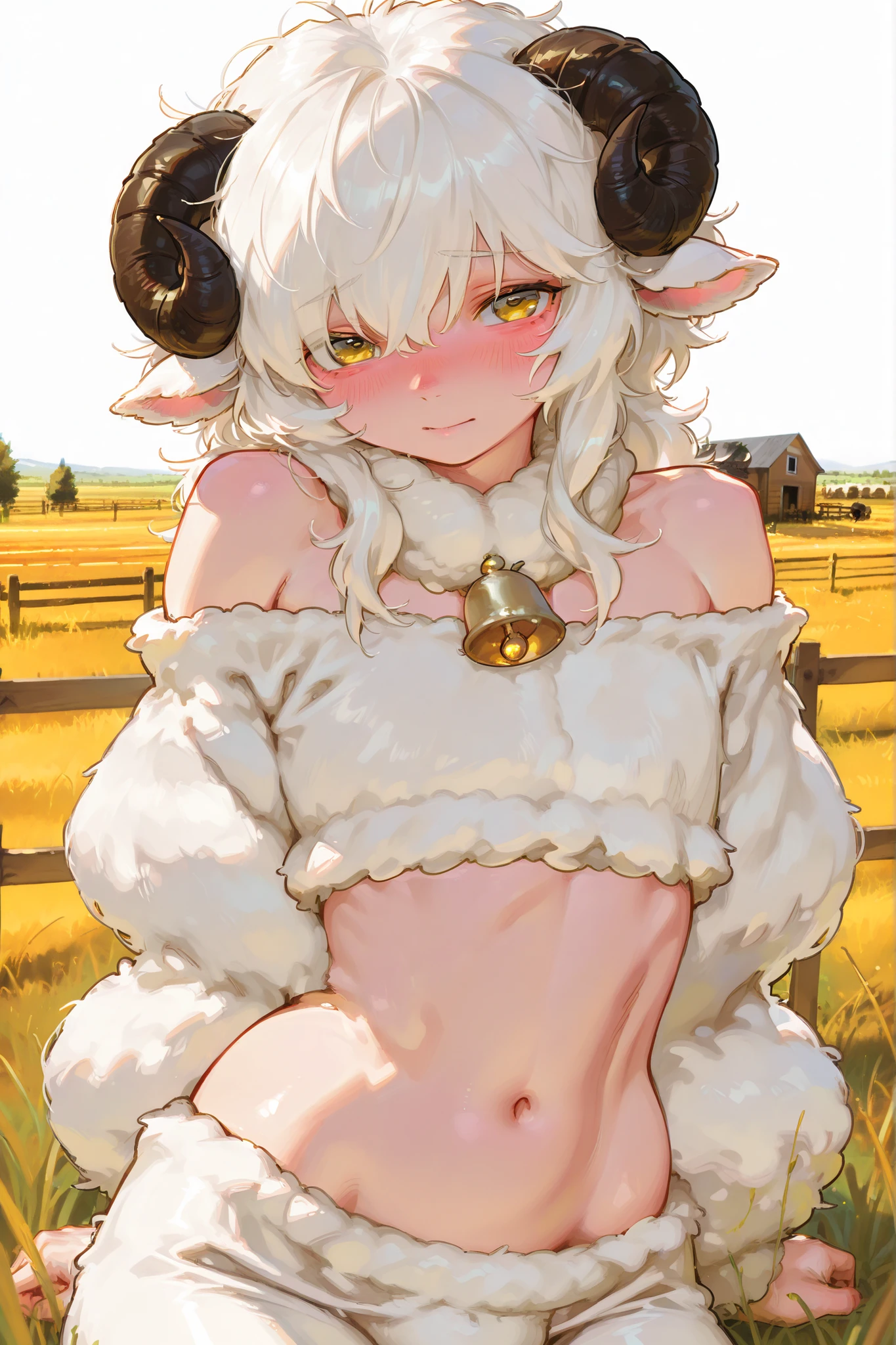 score_9, score_8_up, score_7_up, an Anthro furry black sheep, female black sheep, black wool, wooly body, yellow eyes, white sheep horns, mammal, standing, naked