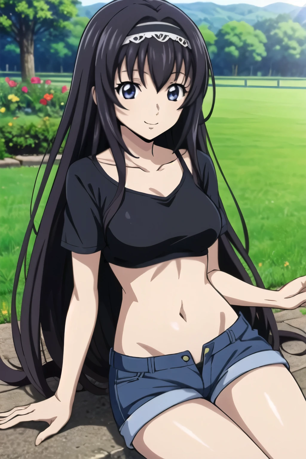 1 girl with black long hair, hair band, (quaint countryside setting , summer day), sitting,  (denim short pants, black tops) ,(riverside) , soft sunlight ,  smile,  (Anime style, masterpiece, best quality , High Resolution , anime color , Anime style, sharp, 8k, realistic), digital animation art!!, anime style, Official Artwork , visual novel CG, 