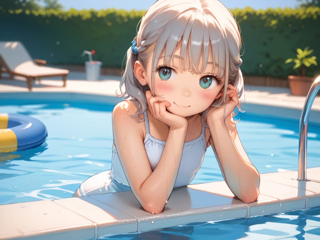 Best quality, tmasterpiece, 5 years old girl, Short white hair, eBlue eyes, By the pool, The expression is scared