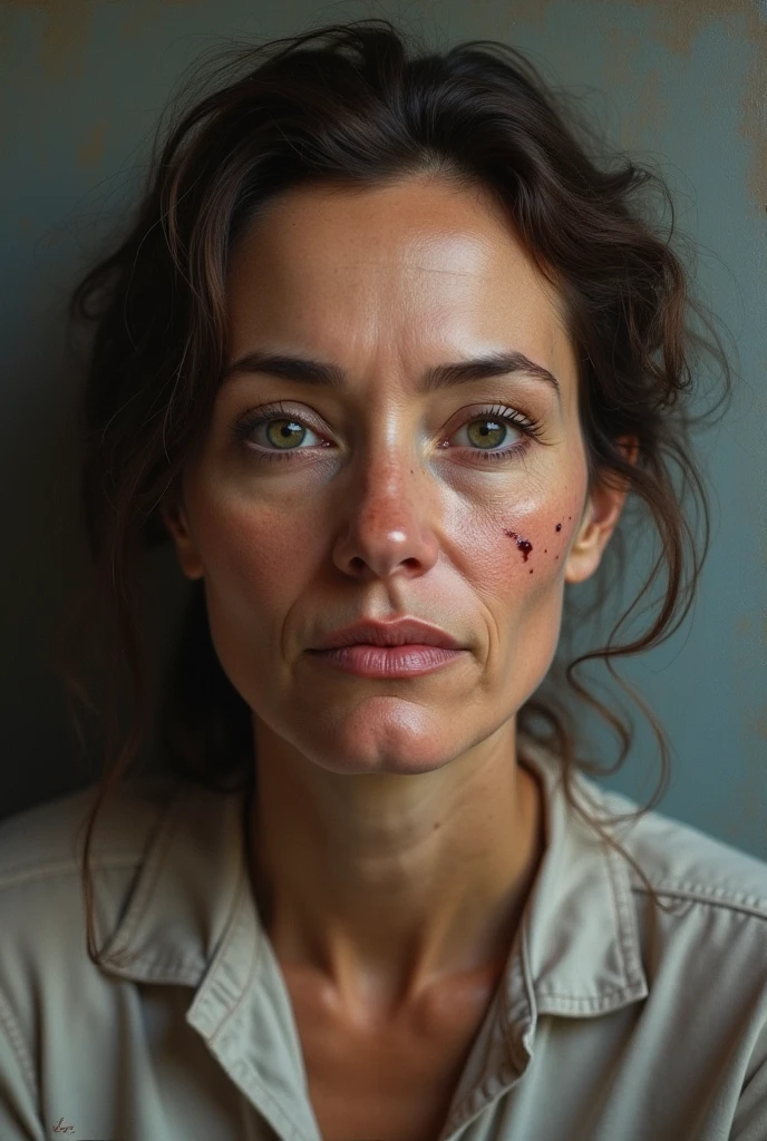 portrait of a 40-year-old woman with facial imperfections