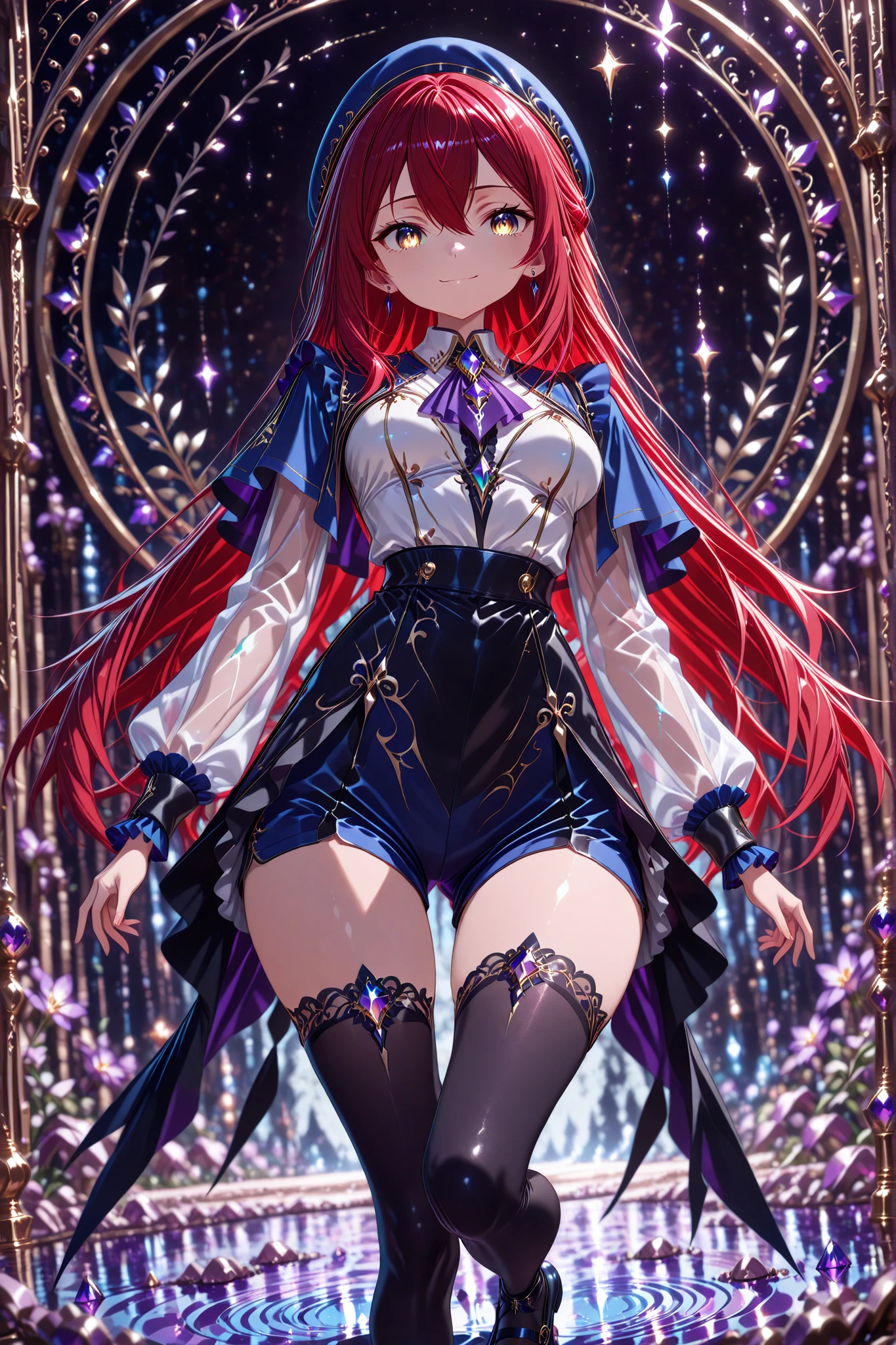 absurd_res, 8K, (masterpiece: 1.2), (best quality: 1.2), (detailed eyes, beautiful eyes:1.2), cinematic angle, cinematic shadows
1 girl , golden eyes , very long hair , long sidelocks, red hair ,half updo, petite , very cute , beautiful ,Straight hair, cool, handsome, hair between eyes, sexy, medium breasts ,flowing hair, captured mid-motion as she stands on one foot in an elegant ballet pose. Her landing foot lightly touches a surreal, purple water surface, creating purple swirl radiating outward. The purple swirl originates from where her foot touches the water, spiraling upward and around her body in a dynamic, flowing motion, blending into the background. The scene is lit with soft, ethereal lighting, purple and black, emphasizing her peaceful smile juxtaposed with a grotesque atmosphere. The mystical yet unsettling tone enhances the overall composition, dark atmosphere
mortis outfit, blue beret, earrings, frills, capelet, gem, ascot, see-through sleeves, long sleeves, black skirt, blue shorts, black thighhighs, frilled socks, blue mary janes, sometyome_illu, abstract,