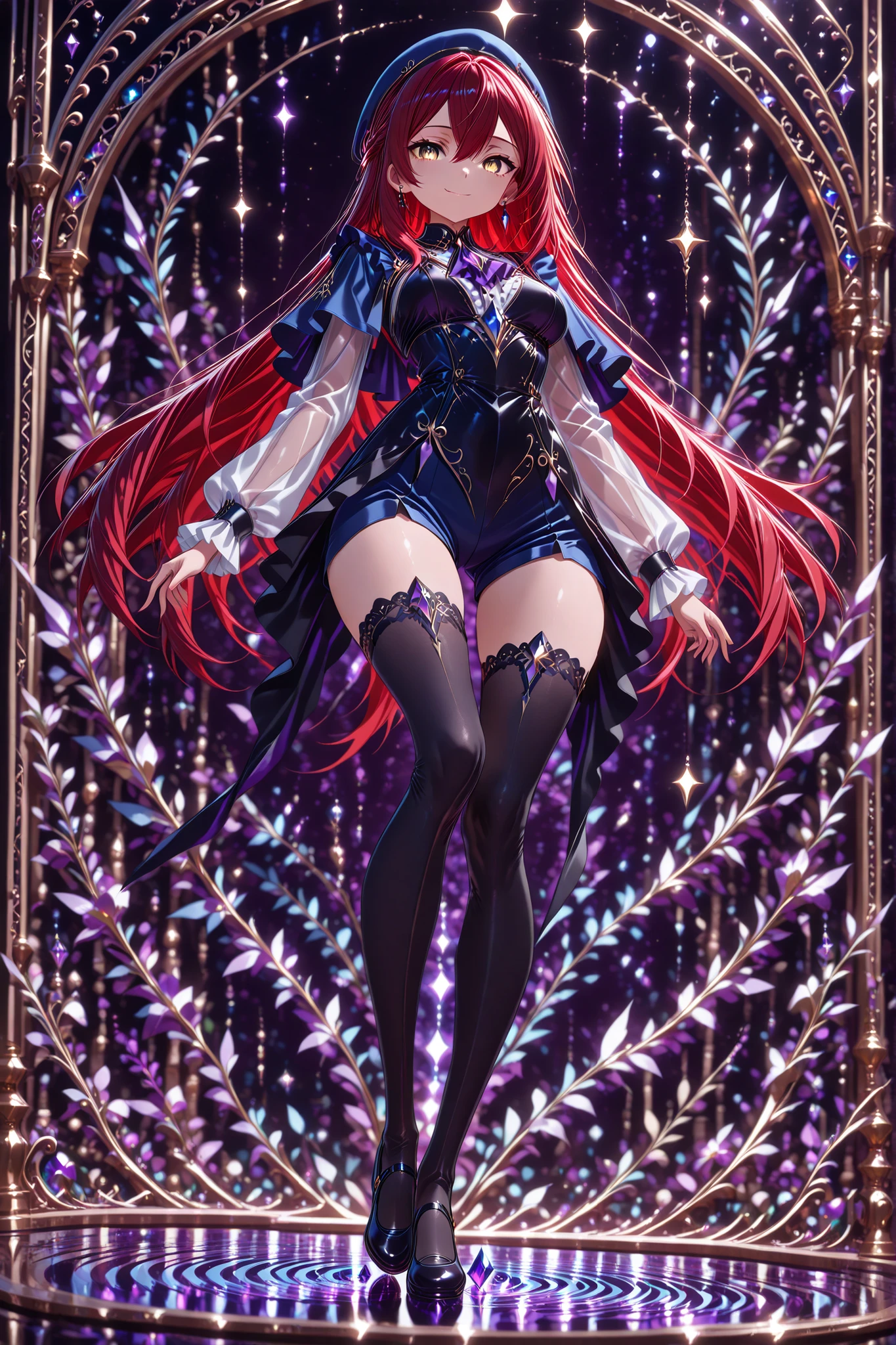 absurd_res, 8K, (masterpiece: 1.2), (best quality: 1.2), (detailed eyes, beautiful eyes:1.2), cinematic angle, cinematic shadows
1 girl , golden eyes , very long hair , long sidelocks, red hair ,half updo, petite , very cute , beautiful ,Straight hair, cool, handsome, hair between eyes, sexy, medium breasts ,flowing hair, captured mid-motion as she stands on one foot in an elegant ballet pose. Her landing foot lightly touches a surreal, purple water surface, creating purple swirl radiating outward. The purple swirl originates from where her foot touches the water, spiraling upward and around her body in a dynamic, flowing motion, blending into the background. The scene is lit with soft, ethereal lighting, purple and black, emphasizing her peaceful smile juxtaposed with a grotesque atmosphere. The mystical yet unsettling tone enhances the overall composition, dark atmosphere
mortis outfit, blue beret, earrings, frills, capelet, gem, ascot, see-through sleeves, long sleeves, black skirt, blue shorts, black thighhighs, frilled socks, blue mary janes, sometyome_illu, abstract,