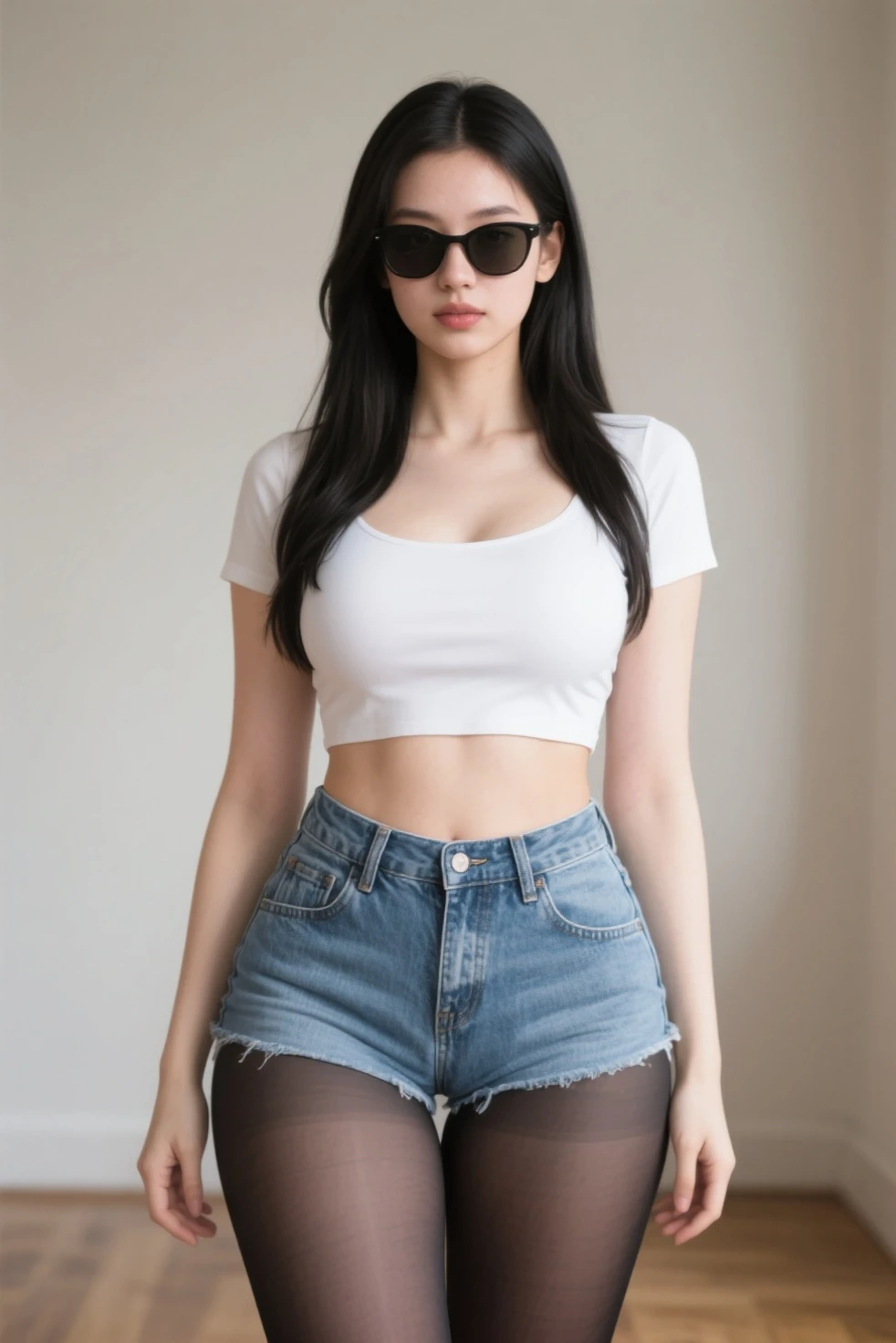 A (beautiful) young Brazilian girl, (extremely pale skin:1.2), (straight black hair:1.4), (small pointed nose, full lips, pointed chin, small face), (slim body), (small shoulders:1.6), (slim waist and thick hips:1.4), (small torso:1.4), (extremely thick hips:1.6), (very thick thighs:1.6). 19 years old, posing with confidence. Arafed woman in white shirt and black shorts posing for a photo., thick, fit photo, dressed in a top and shorts, fit girl, wearing simple tight clothes, tight outfit, tight outfit, Violet Myers, Tight shirt, slim waist and thick hips, Thick thighs, Tight fit, sophie mudd portrait, casual pose, wearing Tight shirt, bra and shorts streetwear.