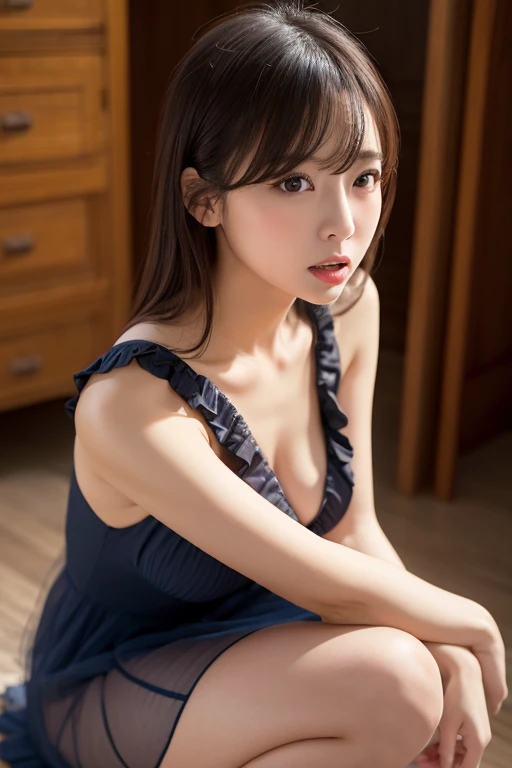 ((From the feet to the whole body:1.8)),
((highest quality, 8k, masterpiece: 1.3)), Perfect body beauty: 1.4, (Highlight Haircut, Breast A cup:1.2), Small breasts, Round shaped breasts, Perfectly shaped breasts, Simple Necklace, Highly detailed face, Beautiful woman, (Dark brown shortcuts), Slim face, Highly detailed face and skin texture, Highly detailed lips, Spread your legs, highest quality, masterpiece, 超A high resolution, (Realistic:1.4), Open your arms, Long Shot,
((Age 35, Beautiful female announcer:1.2)),
((Navy blue satin underwear, Shoulder:1.5)),
((A short navy blue tight skirt, Too much exposed skin, long legs are visible:1.2)),
((Gorgeous Earrings, Silver Necklace)),
((Changing room in the office, Bright room, White wall, Foliage plant:1.2)),
((Get shirtless in front of the locker, Her skirt flips up to reveal her beautiful thighs:1.5)),
((Sexy atmosphere at work, Gaze seducing a man, hold out your lips, Have sex with your boyfriend:1.2)),
((Touching lips with fingers, Focus on the ankles:1.2)),
((Lift your face a little)),
((Squint your eyes)),
((Pursing your lips:1.2)),
((Blushing:1.2)),
((open your mouth slightly to show your white teeth,, stick out your tongue a little)),
((Body facing forward)),
((The cleavage is fluffy)),
((Flat Chest, Beautiful breasts)),
Realistic skin texture, Fair skin, Shiny skin, Beautiful skin on legs, Beautiful legs,
Highly detailed face, Slim face contour, Beautiful small face, Beautiful Nose,
Very fine eye, Long, narrow eyes, Brown eyes, double eyelid, Extremely fine eyebrows, thin, Long eyelashes,
Ultra-detailed lips, Plump and moisturized lips, Glossy pink lips, Blushed,
Beautiful actress'Dull makeup, Pink lipstick, smokey eye shadow, Eye Foundation,
Dark brown hair, Delicate and soft hair, Hair blowing in the wind,
(Elegantly putting your hair up, Medium Short Hair, ponytail:1.2),
Layered Cut, (Blunt bangs:1.2),
mouth half open, Dreamy look, ((Staring at the audience)),
(((Photorealism,Shooting the whole body from the thighs:1.2))), ((Body facing sideways)),
Dynamic Lighting,