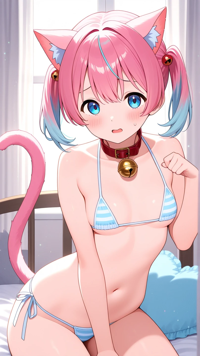 (young :1.3),cat girl,long hair,pink fur,flat chest,pubic fur,yellow right eye,blue left eye,neck fur,hair bra,naked,show armpits,plain background,sparkling star background,light and shadow,raining,wet hair,wet body,soak armpits,looking at viewer,desire face,full face blush,smile,heart eyes,very hot,heavy breath,armpits steam,upper body only