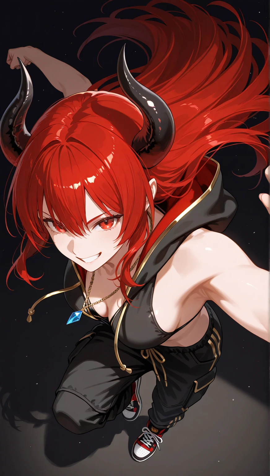 Best Quality, pretty Woman, Red hair, by the wide, Red eyes, Upper part of the body, 2 simple horns, medieval clothing, White tshirt, brown worker pants, unused hood, open mouth smile showing small fangs, soft body, slender, normal breasts, firm and round. Leather gloves are fingers. Brown tunic. Teenage Woman. with hair ornament. Ponytail hairstyle. Hair tie with very large bows. simple background