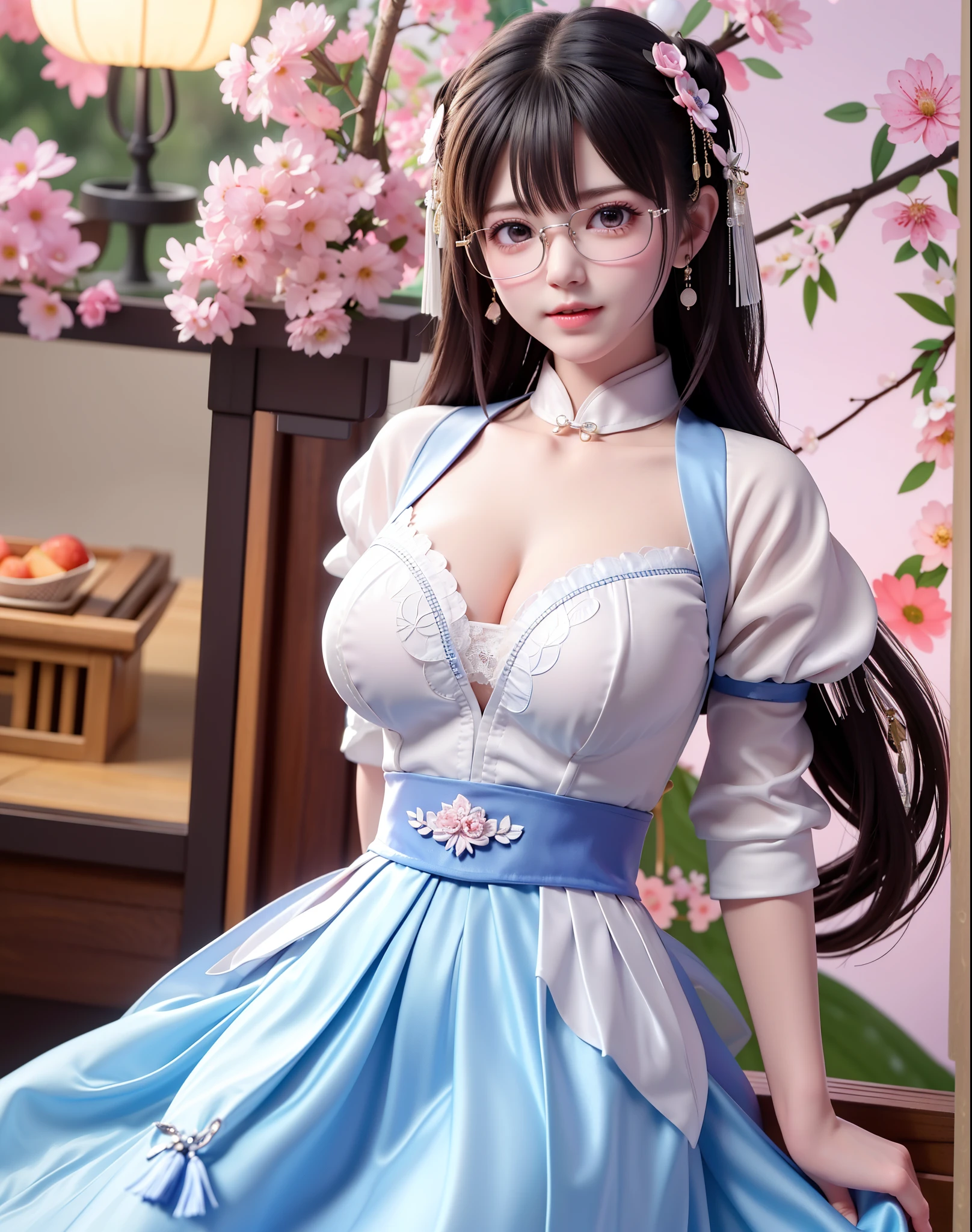 photorealistic,and sharp focus,Highly detailed, masterpiece, ultra-detailed, illustration, best quality,stand side by side,Full body,((2 girls)),((one girl front)),the other girl from back, bangs, glasses, Double ponytail,BDSM, blush,black collar,arms behind back,neck lock in a black collar,Leather handcuffs lock wrists behind her back,wrist attached to her collar with a piece of chain , Large window, City view outside window, Chinese style blouse with blue flowers on white background, breasts apart,jewelry, ((huge breasts)),Blue silk dress, black stiletto heels