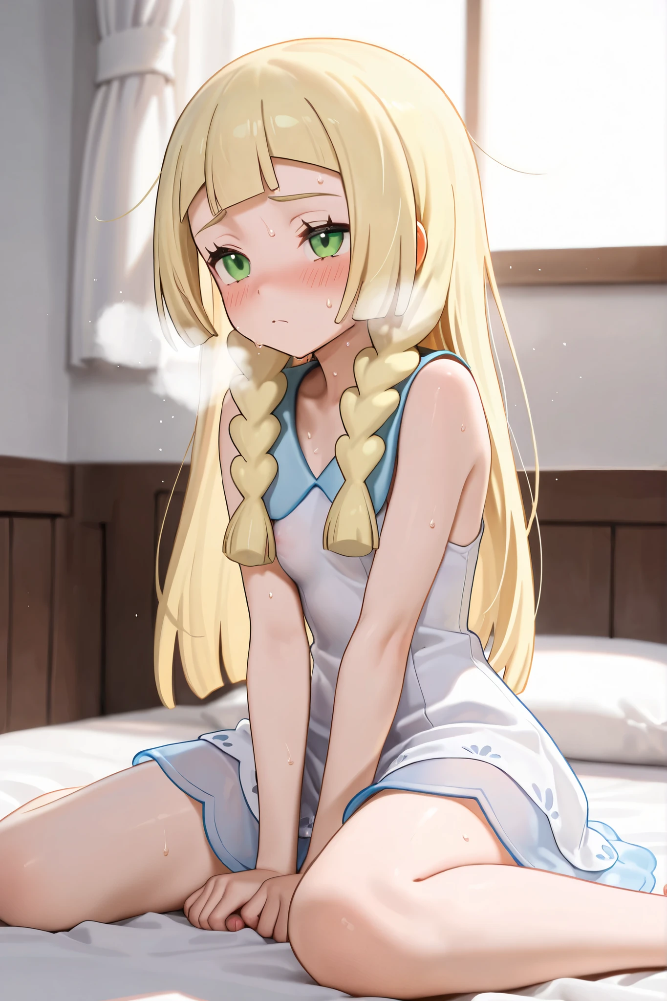 nsfw,,1 person,Sweat,White Breath,solo,Pokémon,Lillie,Groin bulge,Standing posture,room,(Small breasts),View from above,Troubled expression,Hotel