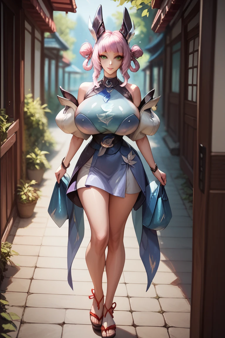 Solo character, full body version, young girl, pink color hair, brown eyes, long hair, long ponytail, white lingerie, short dress, Floral dress, Diamond earrings, gold bracelets, detailed shadow, white background, standing gesture, smile mouth, sad eyes, big breast, Solo character, full body version, detailed background, detailed clothing, detailed hair, detailed face