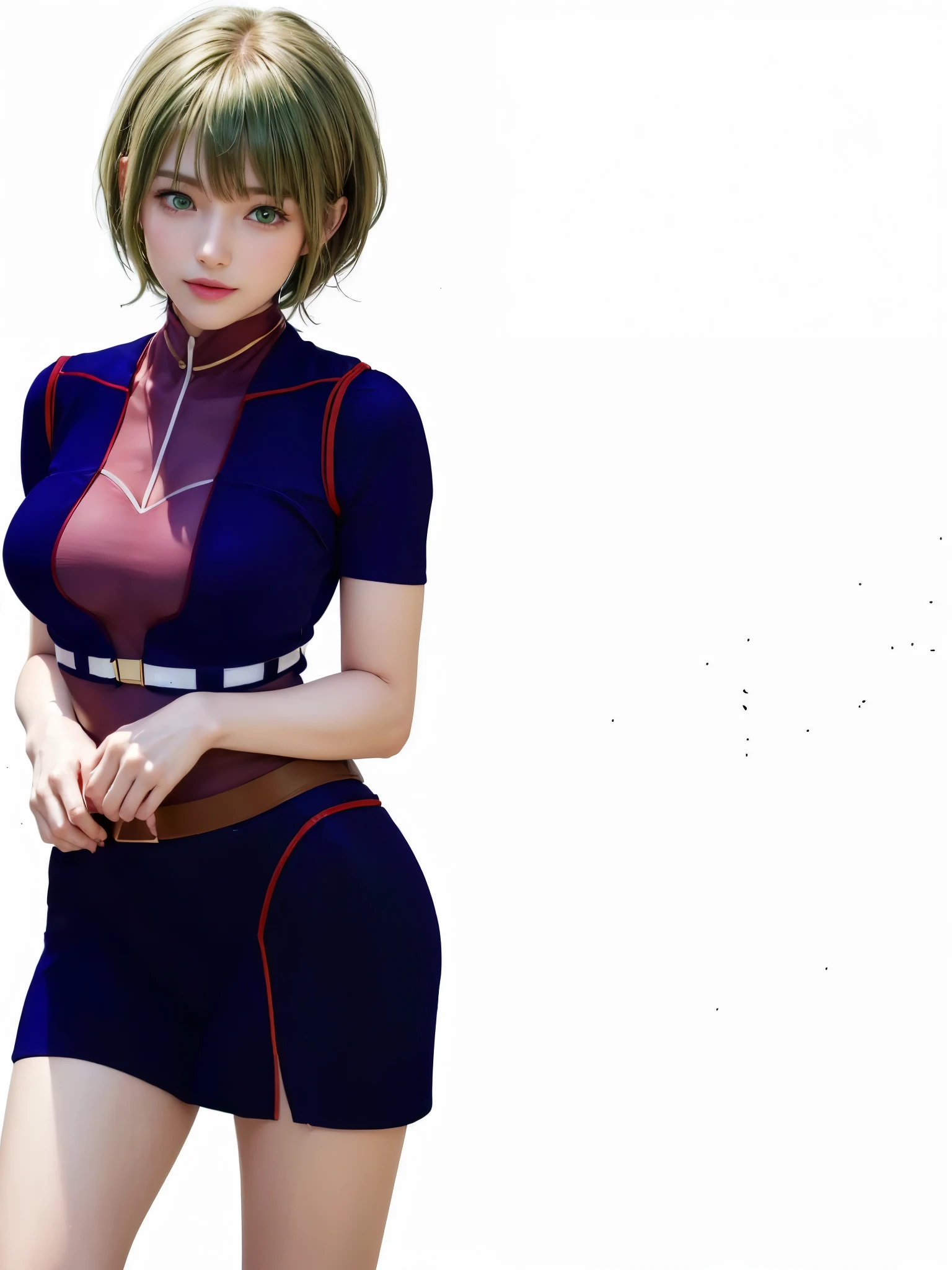 (masterpiece:1.4), (8k, photorealistic, RAW photo, best quality: 1.4), ultra high res, ultra realistic, highly detailed, golden ratio, (one woman:1.6), 22 years old, slender ,realistic face, (green short hair:1.5), (pixie cut:1.2) ,(parted bangs:1.5) ,beautiful shine hair ,(emerald green eyes:1.2), beautiful detailed eyes, realistic skin , (light smile:1.2), small breasts ,from front, (white background:1.4)