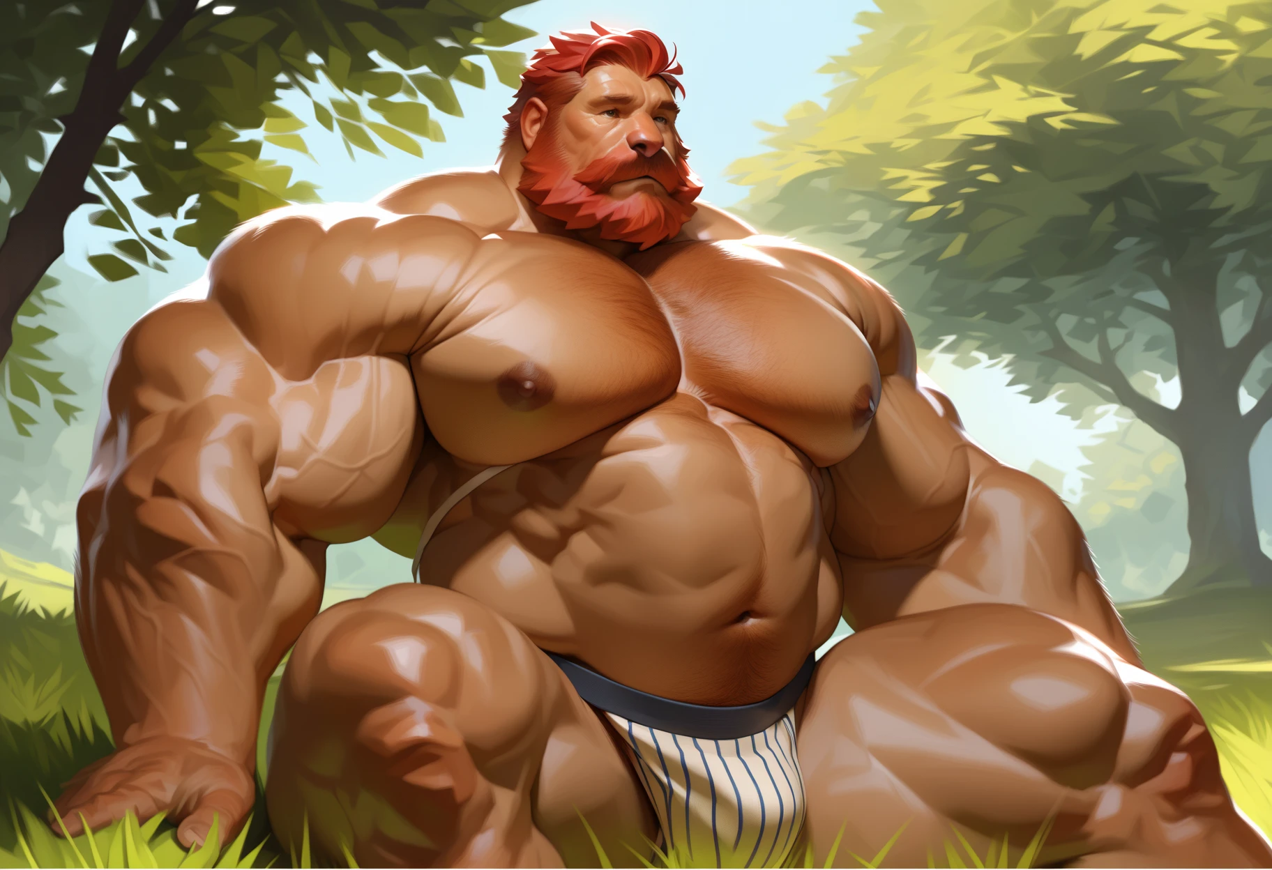 Old guy, Age 60 years, Viking, An old face, Blue eyes, short red hair, long lush red beard braided, strong, big breasts, big belly, Body hair, chest hair, Stomach hair, Groin hair, naked, naked small dick, foreskin, lying on the bed with his legs wide apart, sleeping, closed eyes, fur white sheet, early morning, the sun is shining in your face, relaxed body, relaxed face, touches the groin, yawns, village house