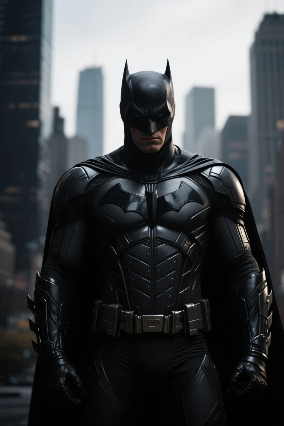 ((best quality)), ((masterpiece)), ((ultra realistic)), ((body portrait, upper body shot, dynamic action pose)), ((gloomy night time)), professional intricately detailed award winning full body portfolio photograph, batman standing on a gothic cathedral rooftop with his black cape billowing in the wind, detailed eyes, wearing an intricately detailed advanced hi-tech armored batsuit, overlooking Gotham city, dark moody cinematic lighting, raining, reflections, glossy, highly detailed, ((close up full body portrait)), professional, realistic, roughness, ultra realistic, photographed on a Canon EOS R5, 50mm lens, muted colors, F/2.8, HDR, 8k resolution, highres, high detail, sharp focus, smooth, roughness, real life, photorealism, photography, 8k uhd, cinematic film still from (the dark knight:0.8)|(batman v superman:0.7)|(arkham knight:0.9)