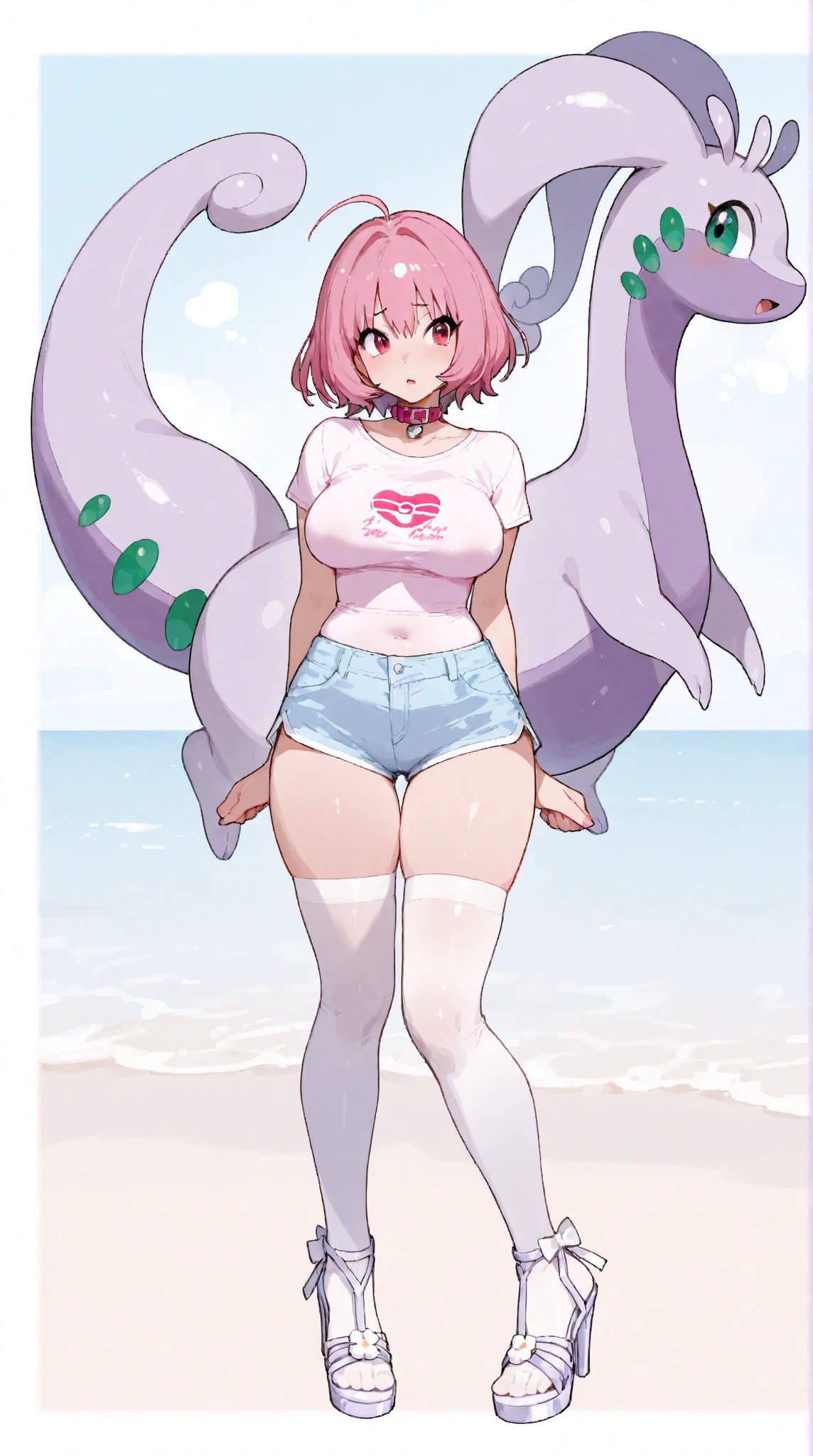 A sexy female flamingo wearing a bikini is sitting and deflating on a giant beach ball at the beach.