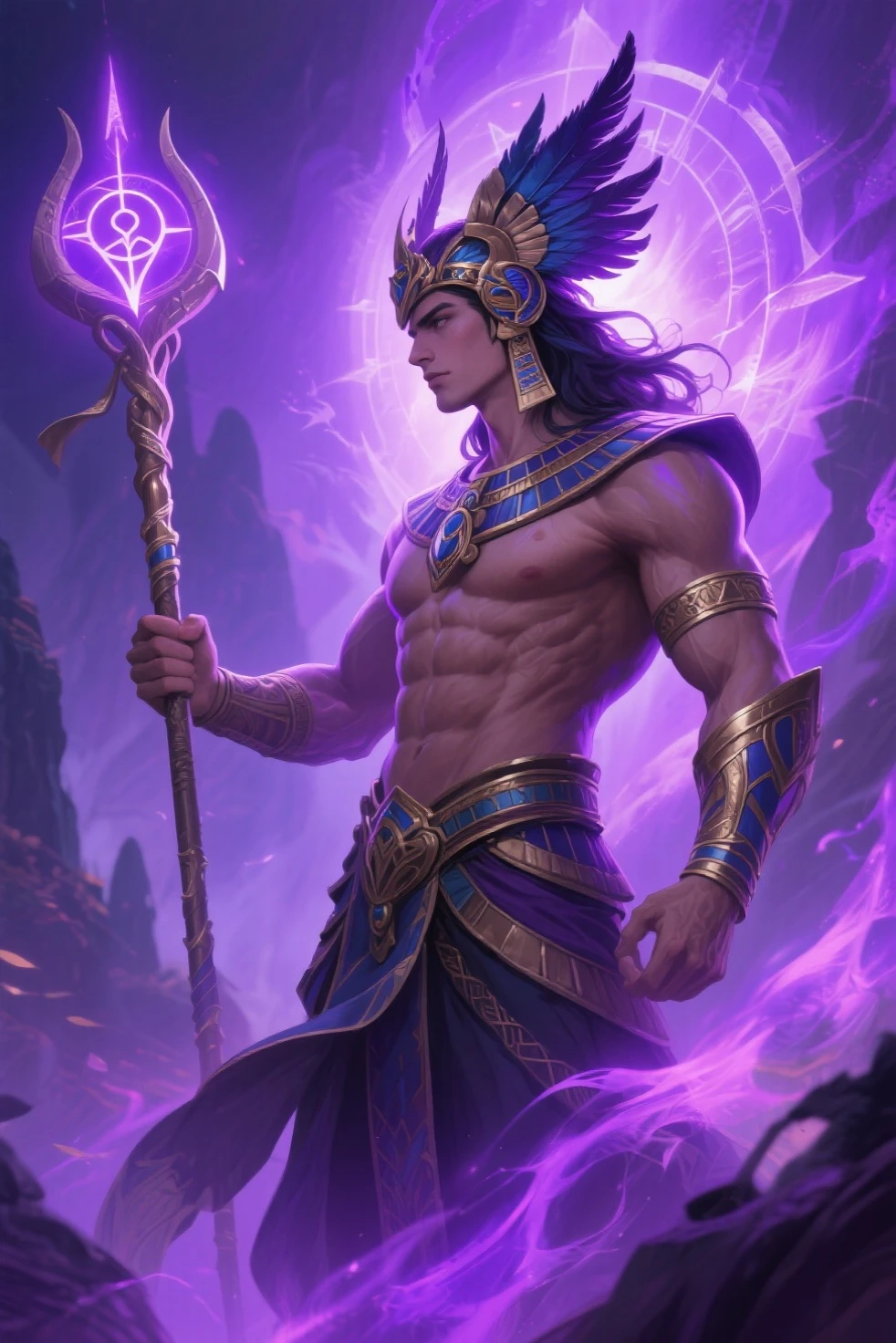 Tarot, purple starry sky, single, full-body, Scorpio, a teenager, muscular, ancient Greek style, god costume, purple hair, long hair, scorpion tail on the back, armpits, bare feet, many scorpions around, lewd expression, looking up, standing, scorpion, scorpion's tail, wet all over, holding a scorpion dagger in his hand, dark skinned elf, Muscle, fabtasy cloak