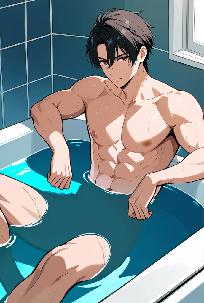 1man,masterpiece best quality, (vietnamese male model), from above,wet skin, blone messy hair, laying down, ponytail,bathroom,bokeh, , bulge, homoerotic, hazy, summertime, dressing out, cum