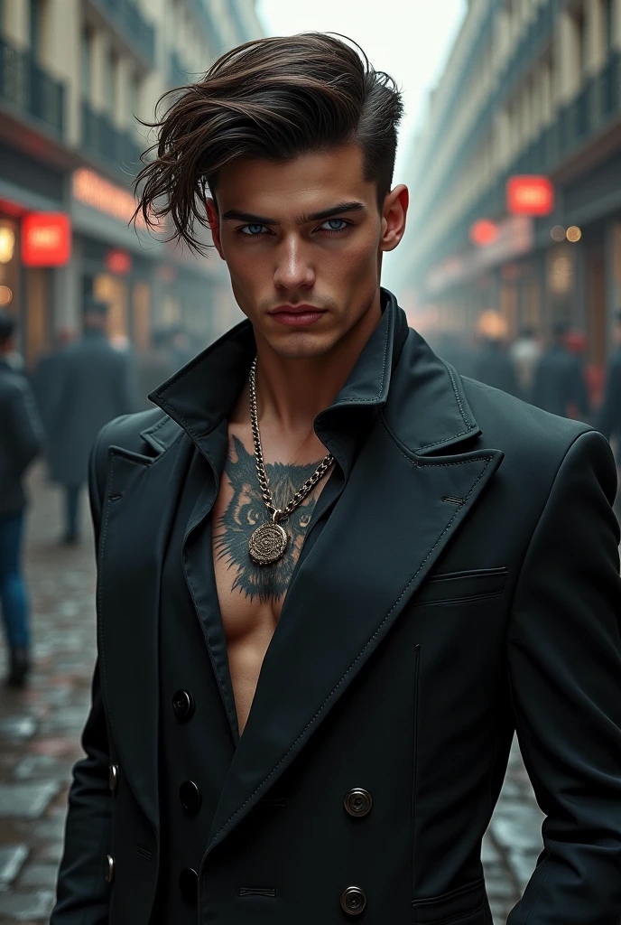 1garoto, short straight black hair, ppr tattoos all over your white body, a mole in your mouth, a well-structured body with a suit, dark blue eyes and a cigarette in his hand 