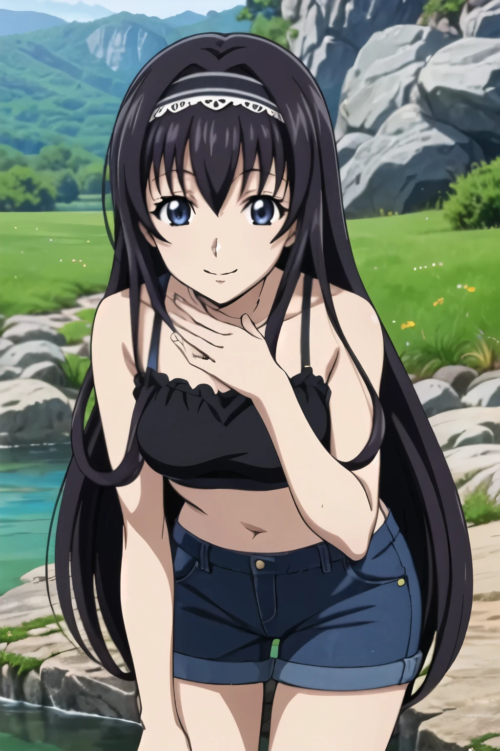 1 girl with black long hair, hair band, leaning forward,  (denim short pants, black tops), (in river, water, rock) , soft sunlight ,  smile,  (Anime style, masterpiece, best quality , High Resolution , anime color , Anime style, sharp, 8k, realistic), digital animation art!!, anime style, Official Artwork , visual novel CG, 
