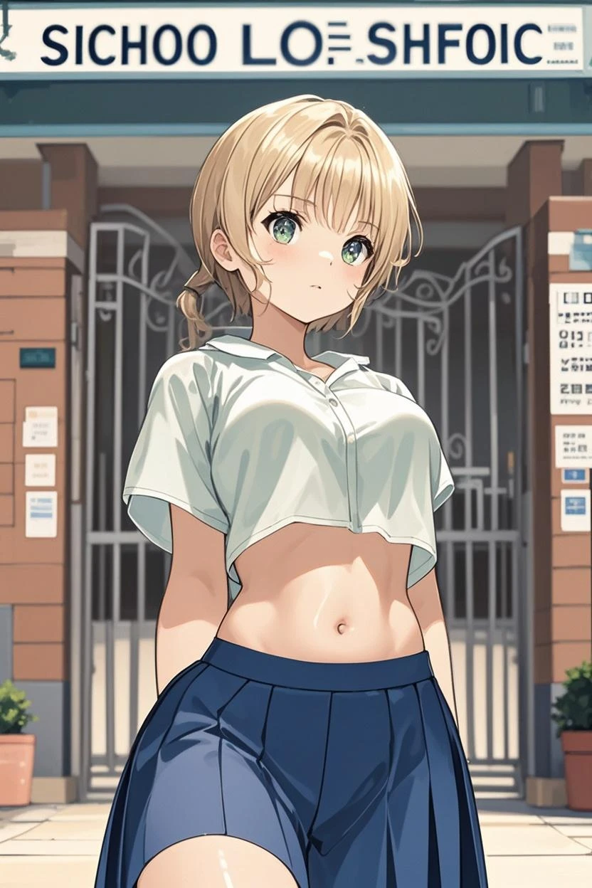 (((medium breasts))), ((best quality)), ((masterpiece)), (detailed), (((perfect face))), (((tall, slender 16yo teen girl))), ((((topless)))) (((dark blue pleated skirt))), ((((blonde hair)))), ((hair in bun)), ((shy:1.3)), ((blushing:1.5)), ((skinny hips)), (((standing in room with desk))), ((((girl looking away)))), (((bare arms))), (((bare shoulders))), (((bare stomach))), (((skinny thighs)))
