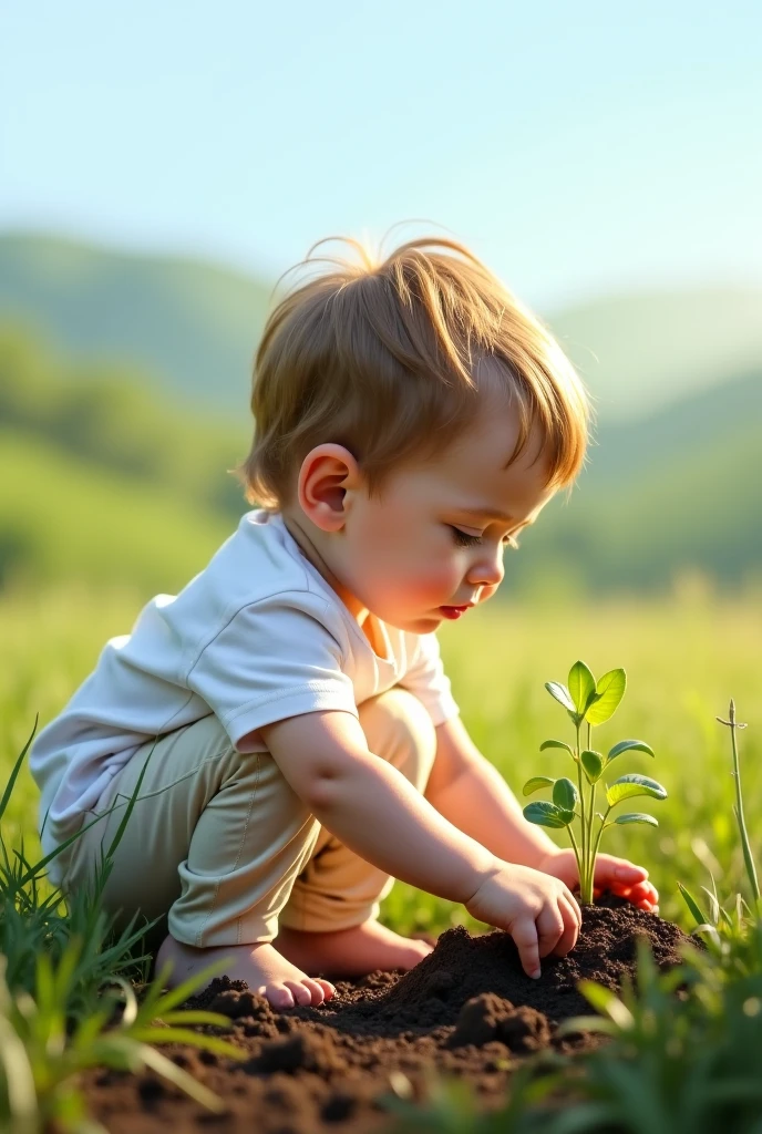 "A small seed sprouting into a beautiful flower, with a child watching patiently, surrounded by soft, warm light and the gentle growth of nature."