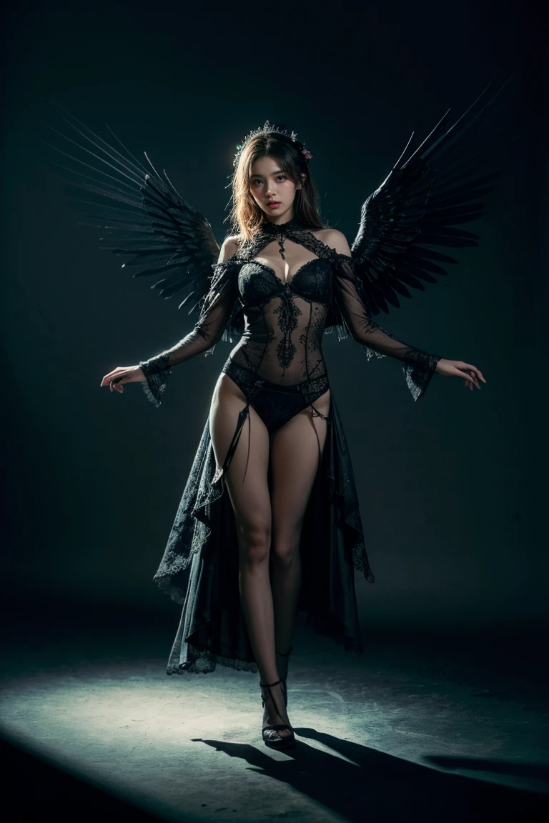 You stand a little less than 5 feet tall, clothed in black from head to toe.
Black tattered robes cover your entire body, leaving only your hands, face, and feet exposed.
Black lace wraps around your neck, a small mask covers the bottom half of your face, only revealing your small brown eyes.
A pair of small wings protrude from your back, their black feathers fluttering slightly in the morning breeze.