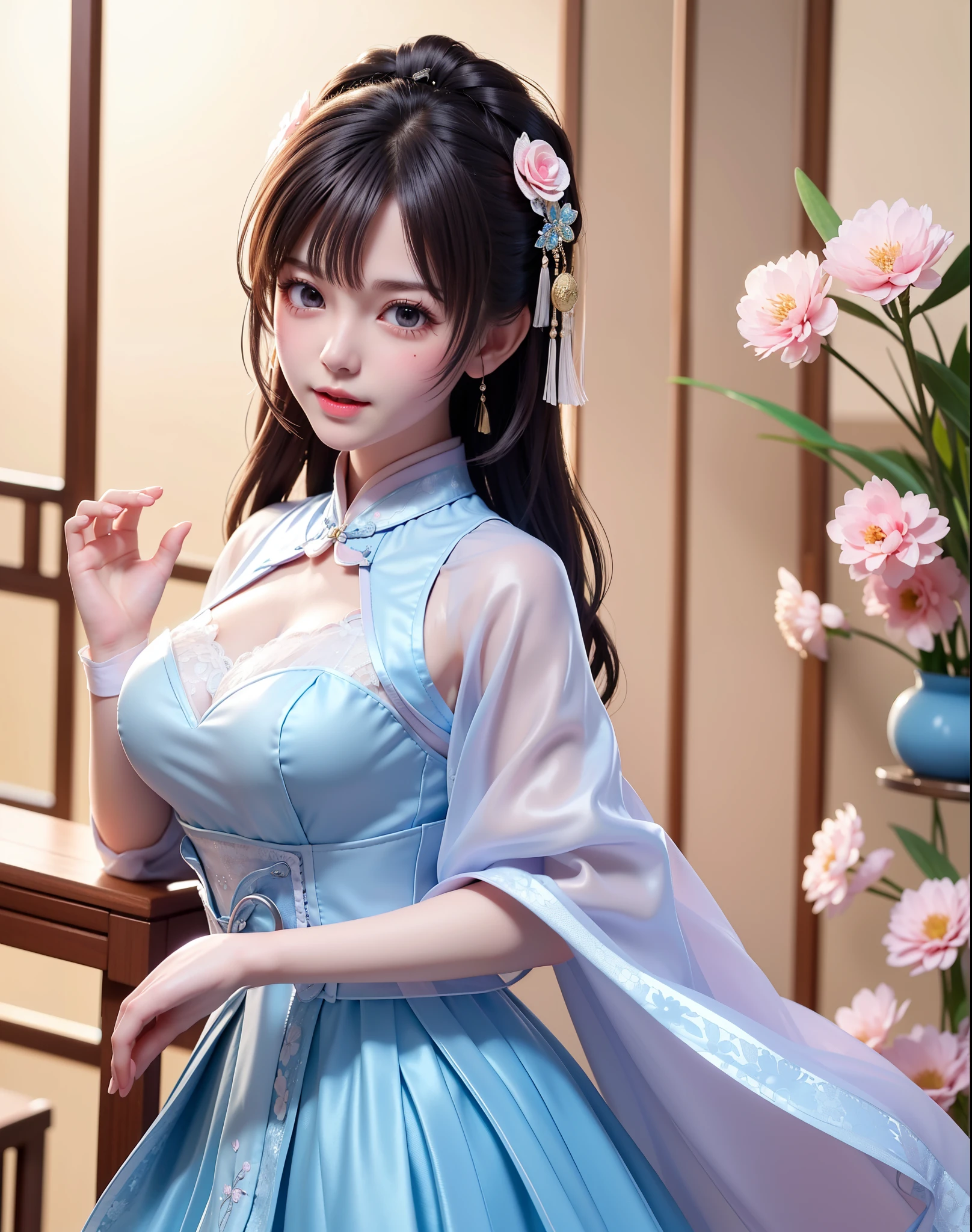 sky blue wedding dress,white mini skirt,kawaii, idol, (sweat:0.7),woman,japanese,exquisite face, beautiful face,bare shoulders,shoulders all exposed,translucent skin,black eyes,black hair,(photorealistic:1.4),realistic details, high resolution,bokeh,outstanding details