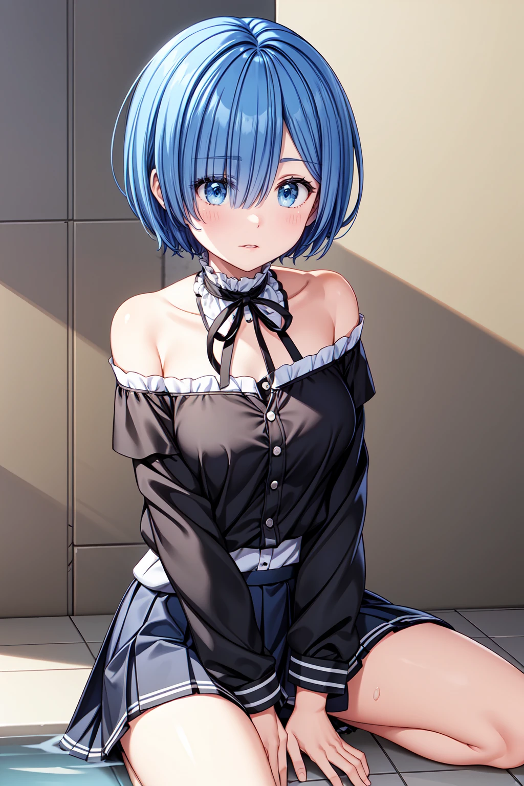 Masterpiece, best quality. (hyper-realistic:1.4) , (cowboy shot:1.5),
Rem from rezero, (remrin), cute, lustrous skin, enchanting gaze, blue hair, short hair, (hair over one eye:1.3), blue eyes, NSFW, (NAKED BREASTS:1.5), roswaal mansion maid uniform, black skirt, garter belt, intricate lace, apron, white thighhighs, looking at viewer, strongly ashamed, embarrased, blushing, epic, cinematic, dramatic, reflective, shining, purple glow, big breasts, cleavage, sexy, modeling pose, turned, (LIFTING_HER_SKIRT:1.5), (rear view, from behind, spread anus)
smooth perfect skin, smooth_skin
Beautiful、big breasts,
FULL BODY SHOT, ultra wide angle, textured skin, face detail, clean skin, perfect hands, perfect anatomy, anatomically correct,
(Realistic bedroom background:1.2)