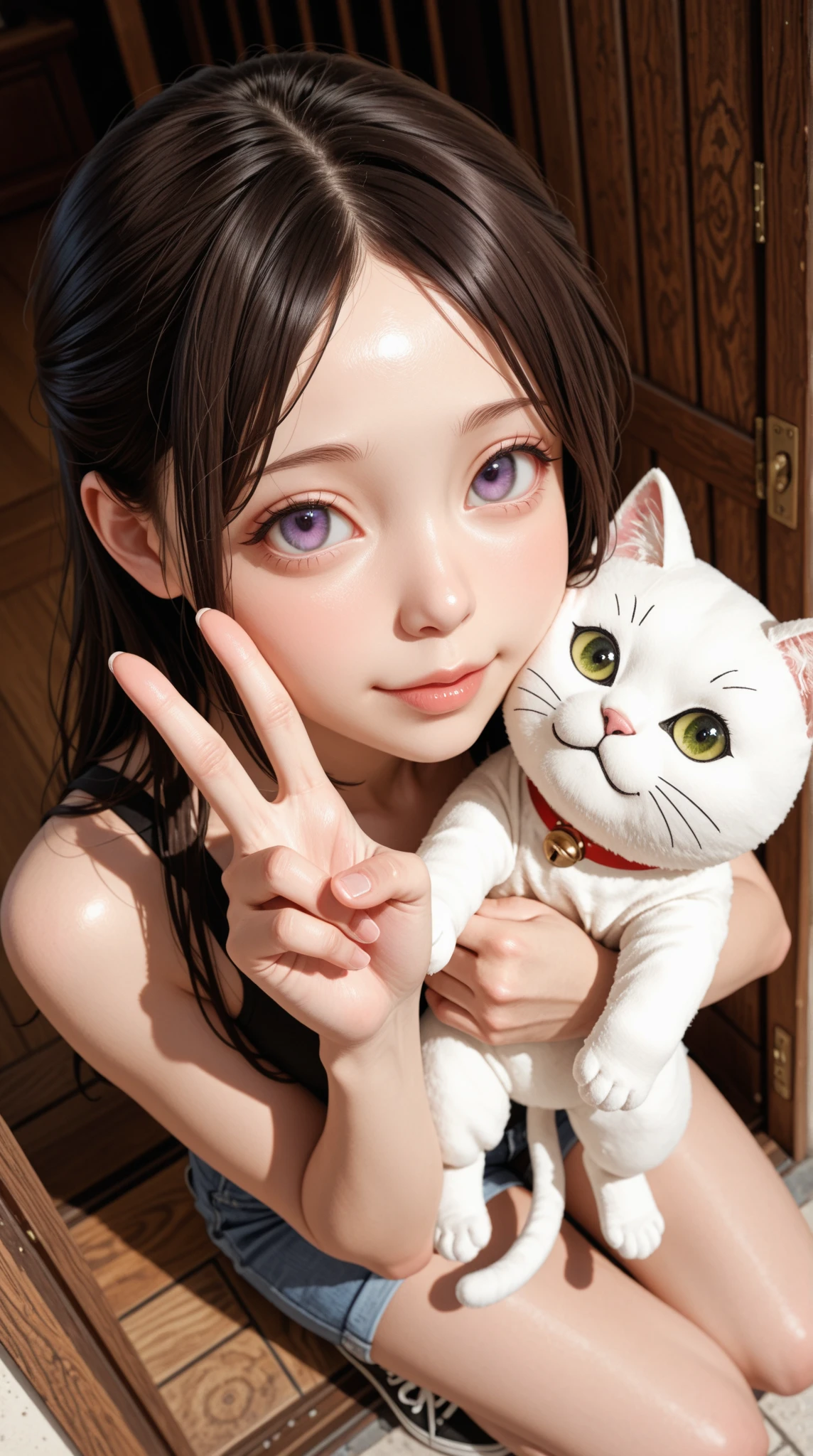 , masterpiece, best quality, realistic, russian cat girl, cute face, 18 age, beautiful, cute face, blushing, kawaii realistic portrait,glossy lip, sleeping on stomach, laying on stomach on bed, ((husband view)), long shot, full body