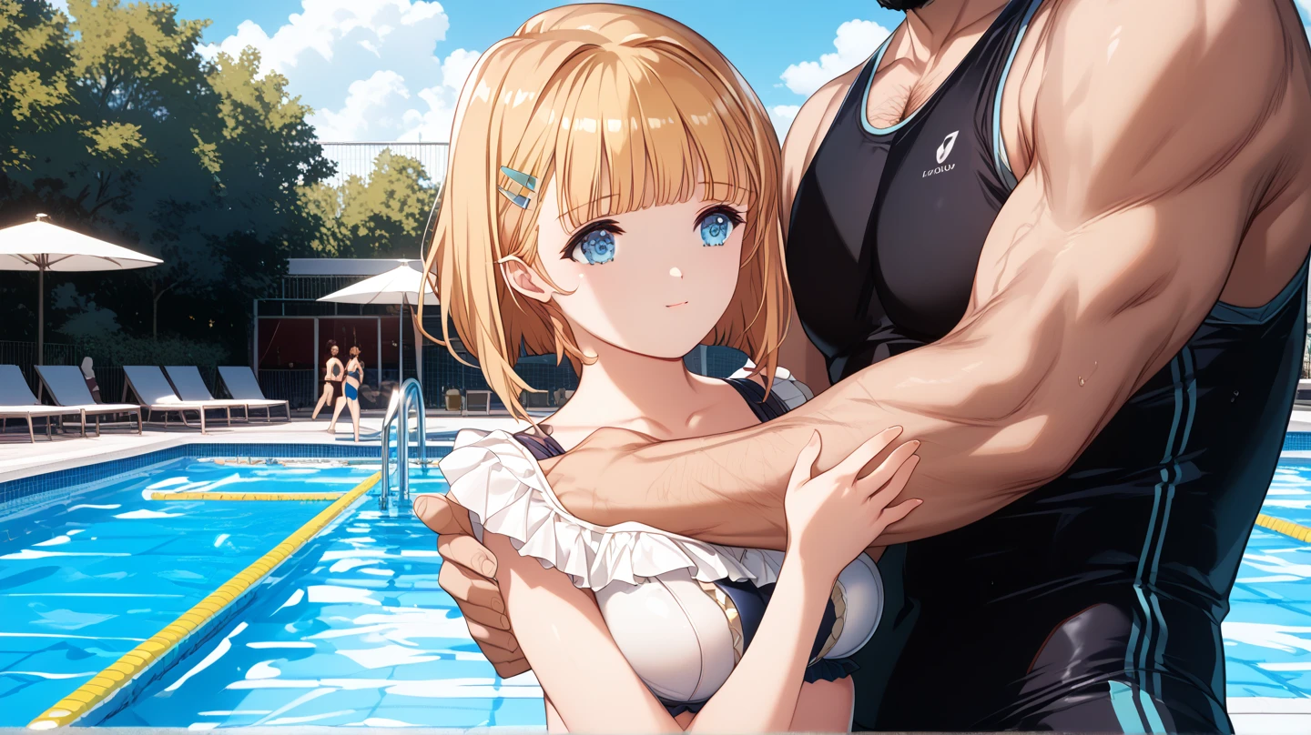 (masterpiece:1.2, best quality), 1milf, blonde, (sex with a man:1.15), pussy, nsfw, huge breasts, 1man, side view, standing, in pool, Miniskirt, nsfw, cum, semen, wet body