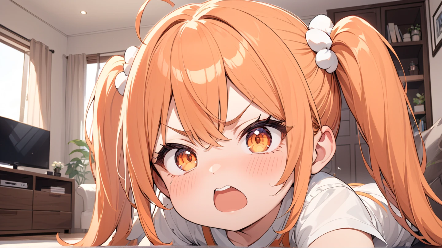 (1girl, kurusu kanako, ore no imouto ga konna ni kawaii wake ga nai), beautiful detailed eyes, black eyes,(tareme), half-closed eyes, (opened big mouth, licking, Sticky tongue), nsfw, (close-up mouth), (curvy, Slender),(cleavage), from above, Highest quality, Super detailed, masterpiece, Ultra-high resolution, 8k, Embarrassing, blush, Lovely, (With tears in her eyes and her mouth open), Sticky saliva