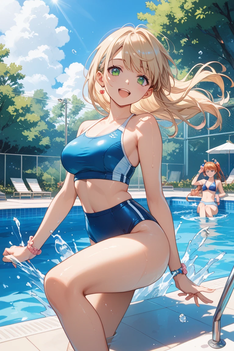 Blonde Wavy Hair Blue Eyes Fair skin Break cool Mature cute beautiful girl 17 years old 164㎝ Poolside blue sky Light Blue Tile White Bikini Beautiful feet Long legs Thin waist thin feet stand sun bright sunlight Large Breasts Beautiful buttocks