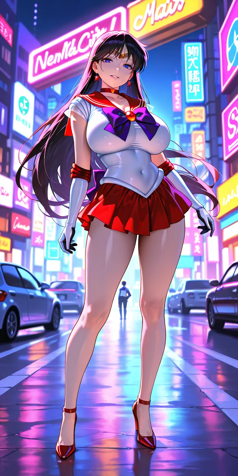 (Masterpiece, Best Quality: 1.2), Solo, 1 Girl, Sailor Saturn: 1.5, (puffy lips, beautiful face, Magical Girl, Hotaru Tsuchimo: 1.5, Smile, Watch Viewers, Close Mouth, Tiara, Sailor Senshi Uniform, (Collar),Pleated Skirt, Elbow Gloves: 1.3, Jewelry, Brooch, Choker,, Smiling, (Long Boots,High Heels),Glittering Skin,(Skirt Lift: 1.3), Big breasts overhanging in front: 1.5, Lift up: 1.5, Very short skirt: 1.5, Show panties: 1.5, (Shibuya Street at night: 1.5), (Shibuya Street at night: 1.5), Put your hands on your hips: 1.0, (huge breast, big tits, slender waist), Cute: 1.5, Arm up: 1.0, (sexy Lace O back Panties), small face, (nasty body: 1.3),grabbing skirt with hands,long legs,, BDSM, light glow, (butt focus:1.5), from below, (slouching position),(buttocks sticking out:1.3),(from behind:1.5),cameltoe,nsfw,legs apart:1.3