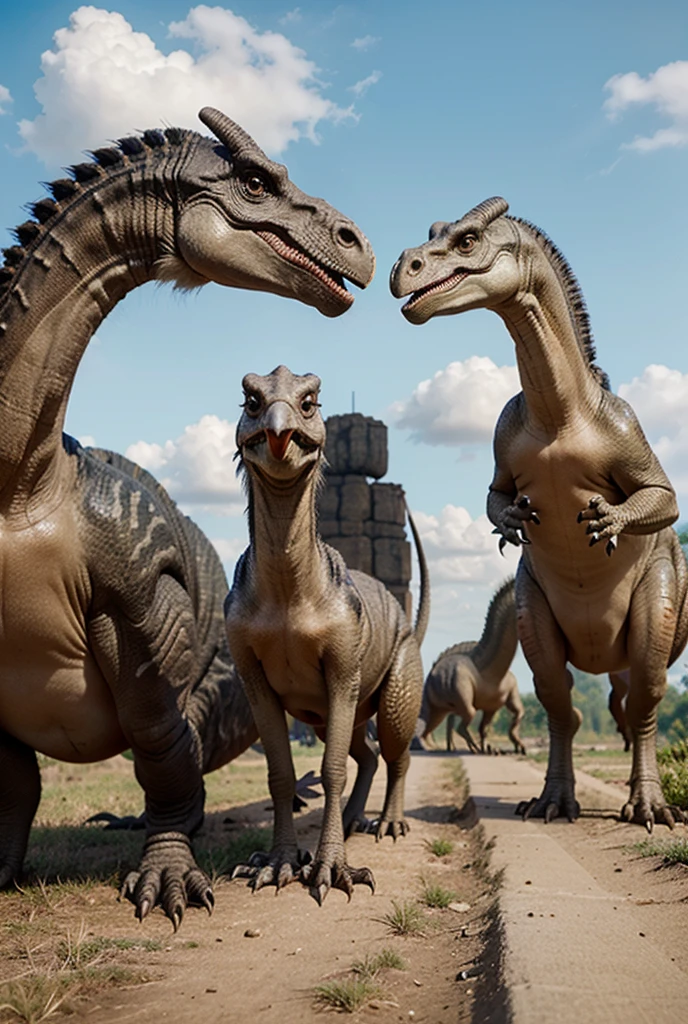 Dinosaur family in dinosaur park with male, female, male cub, filhote female, and baby puppy