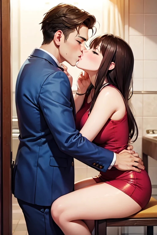 Masterpiece, high quality drawing, hdr colors, handjob, kissing AND naked young muscular man , erect penis ,handjob, kissing AND gorgeous happy busty latina milf wearing a leopard cocktail_dress, <lora:hauteCoutureRobesDeSoirE_v10:1> ,handjob, kissing