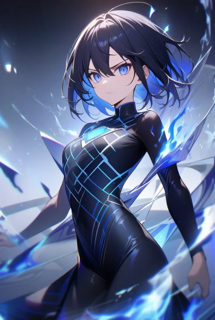 ((Highest quality)), ((masterpiece)), (Familiar), Illustration Style,Perfect Face,1 Girl,Black Hair,Short Hair,Glowing Skin,big, Bright Blue Eyes,Beautiful Bangs,Small breasts,Super Beauty,woman,16 years old,Black suit,Beautiful clothes,