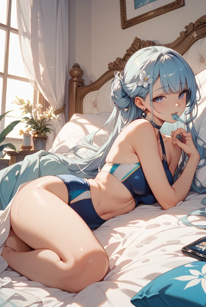 Genshin impact character kamisato ayaka blue eyes withe long hair naked lying on bed legs open feet up