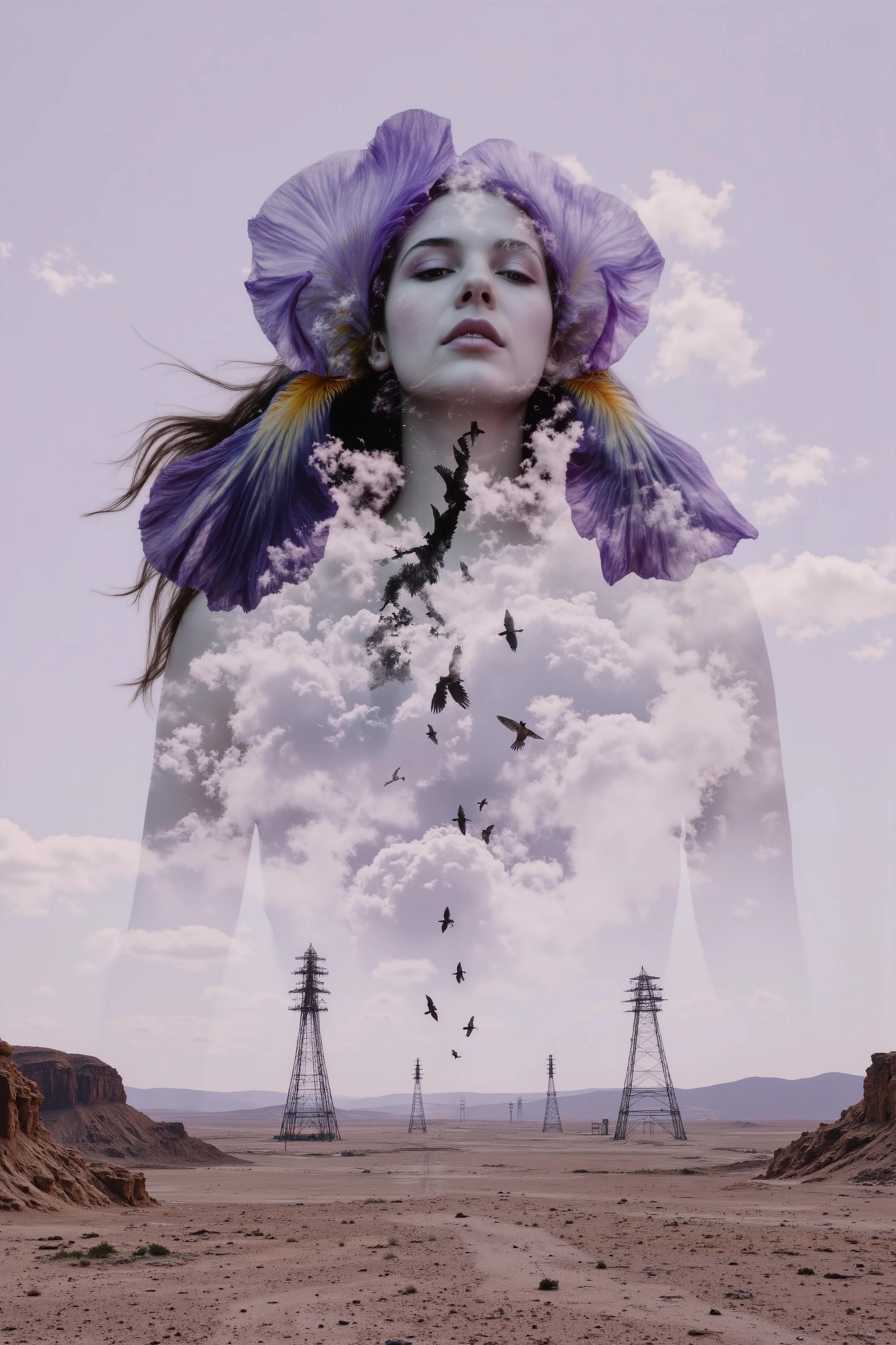 complex double exposure High-quality. hyperreal cinematic surreal photo art, mysterious woman in translucent dress floating horizontally across desert sky, body half-submerged in massive cloud shaped like blooming iris flower, face calm, eyes closed, from her chest rises a trail of flying birds turning into black ink, in the distance ancient radio towers melt into sandstone cliffs, dual exposure style blending sky with her flowing hair, color palette of violet dusk, dusty gold and deep ink black, desert horizon glows with supernatural light, surreal composition inspired by Gregory Crewdson, Paolo Roversi and desert mysticism, sharp ethereal detail, volumetric haze, soft focus glow, mythic mood, award-winning photographic surrealism, double exposure fusion, cinematic dream logic, 16K,  hauntingly beautiful, ghost of emotion and sky