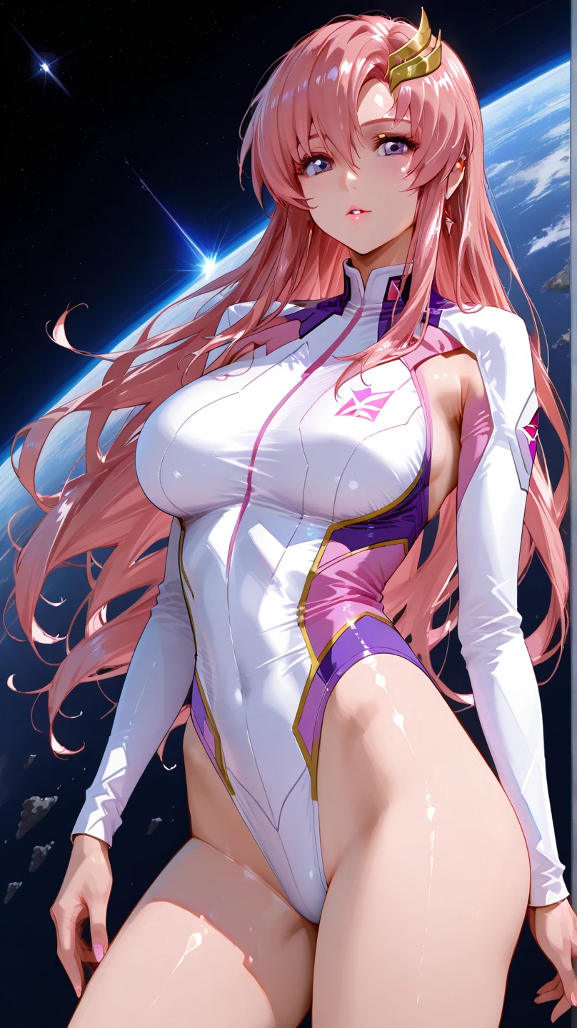 (masterpiece)、(Best image quality)、(Very detailed)、(Very detailed)、4K、(8k)、Best image quality、(beautiful)、
More about Campbell, 1 girl, star hair ornaments, hair ornaments, Pink Hair, Long Hair, gloves, Leotard Purple Leotard, White leotard, A tight leotard、Super Breasts、Thick thighs、,A light smile、Dynamic Angle、
