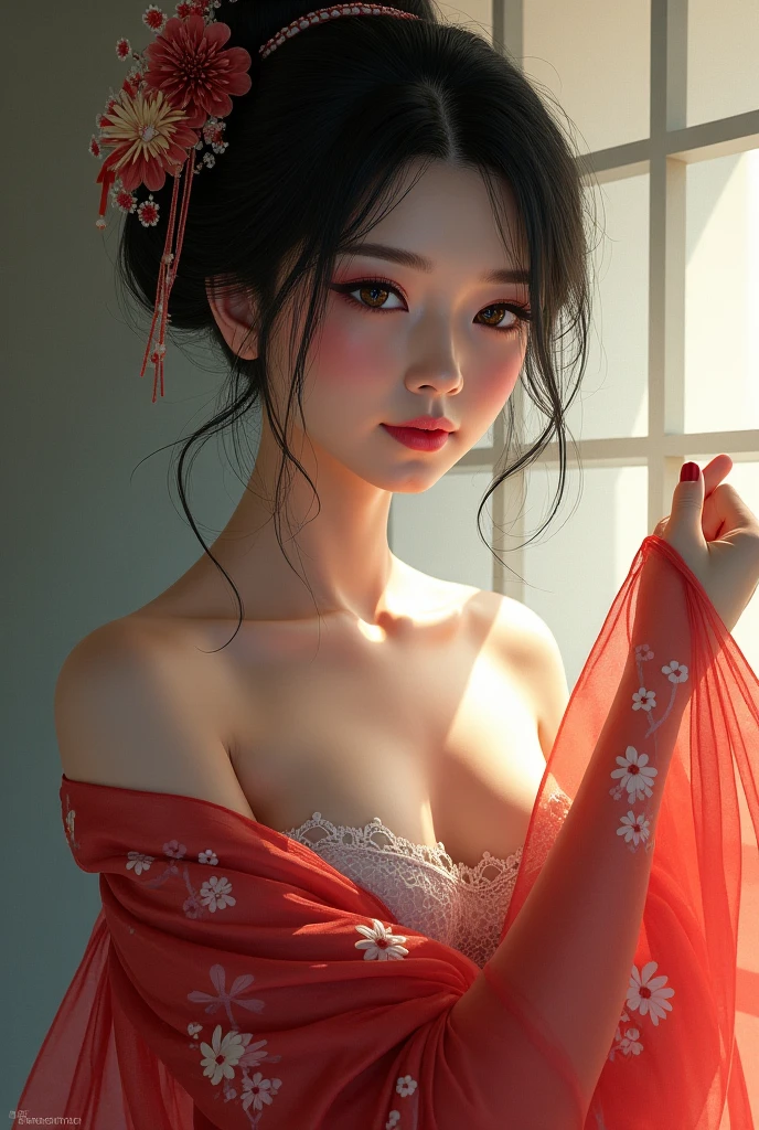((Best quality, 8k, Masterpiece :1.3)), Beautiful face, (photo realistic:1.4), soft lighting, (high detailed skin:1.3), 8k uhd, dslr, high quality, high resolution, 4k, 8k, absurdres, best ratio four finger and one thumb, (realistic:1.4), ((realistic medium breasts :1.3)), Highly detailed face and skin texture, Detailed eyes, Double eyelid, full body view, 1 asian woman, off shoulder kimono outfit