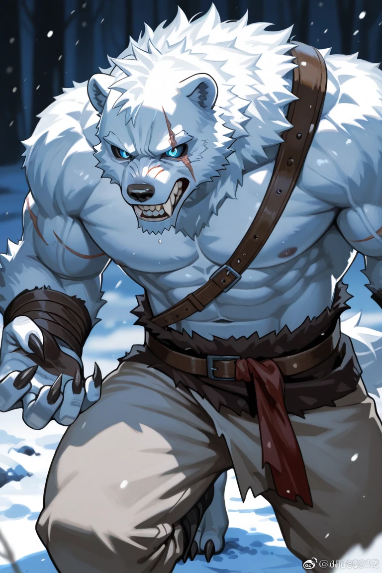 (morning), 1volibear, 独奏, 看着观众, winter, smile,肌肉男，beard,middle-aged，white fundoshi,((open) black kimono)，japanese traditional clothes,close-up,sit down