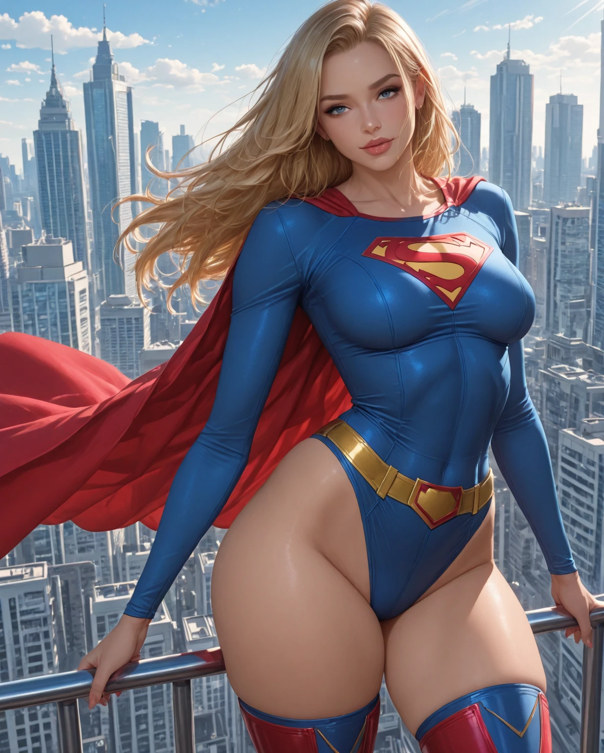 Supergirl flying gracefully between the skyscrapers of New York, best quality, masterpiece, ultra high resolution, (photorealistic: 1.4), raw photo, 1girl, pink hair, bright skin, dramatic lighting, full body, wide hips, huge breasts, big ass