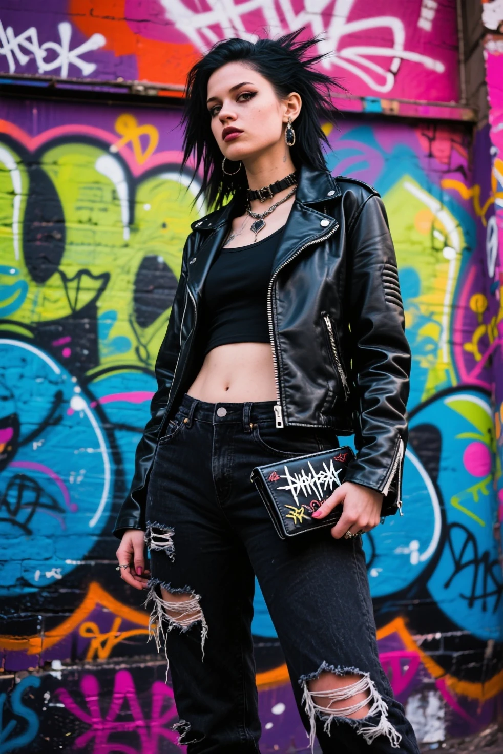 ((fashion photography)), perfect face, perfect eyes, (medium full shot) of (esthetic punk) young woman, american, hazel eyes, light tan skin, willowy, wearing a deconstructed blazer with safety pin accents,babydoll dress with a bold graphic print, paired with ripped tights,thigh-high stiletto boots, neon orange spiked hair, ear piercings, dark lipstick,spiked wristbands, set in a graffiti-covered skatepark nestled among urban decay, with concrete ramps, rails, and ledges adorned with colorful street art and tags, at sunset, surprised, open mouth, pointing her finger at the viewer, masterpiece, best quality, photorealistic, very aesthetic