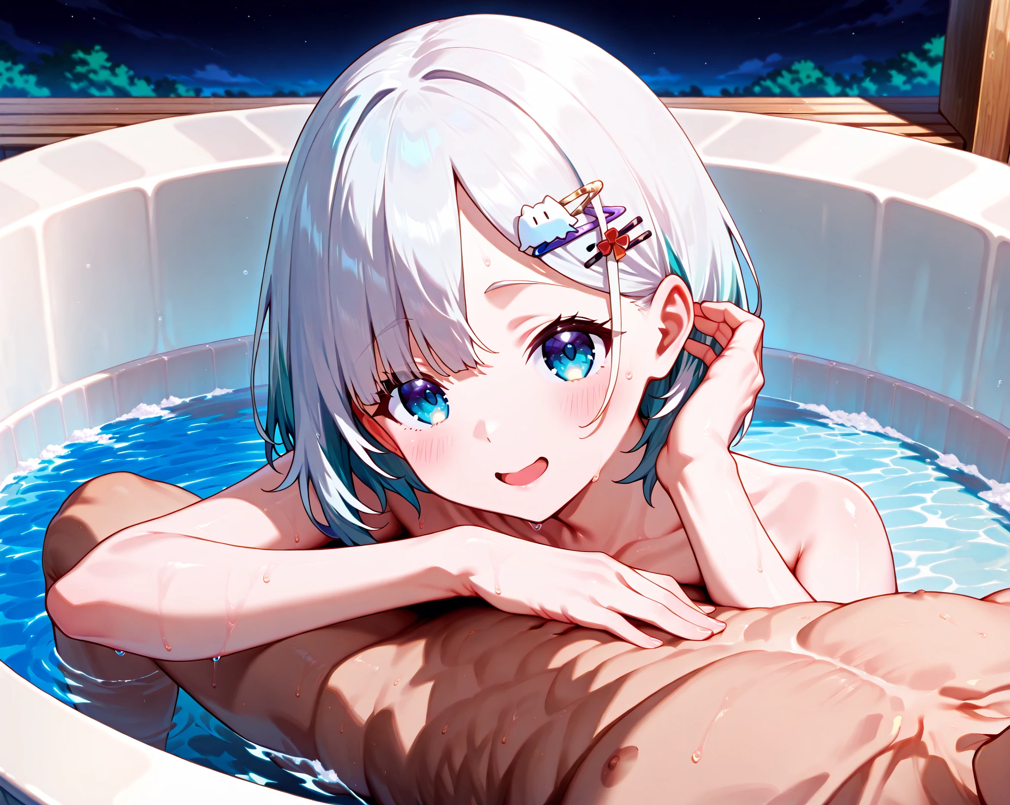 1 Boys  between 2 girls High level image quality　best image quality　8K　 adult woman    pool party  rain　palm trees  more colors   whole body view　portrait　 bikini   　horn    ears  　short hair（（shortcut）（gray hair）（perm）（fluffy））　eye color is blue ,  , 　attractive evil face , smile   ,  sexy pose   ,  labrynth ,  hands behind head , barearm     , sitting by person by the pool , crossed legs  , all wet , wet hair , view foot arc