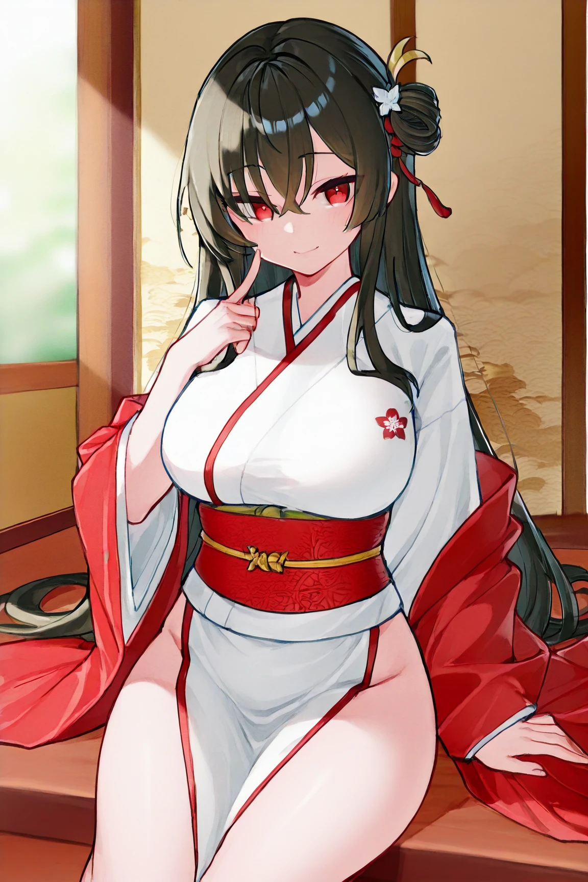 best quality, masterpiece, highres, solo, {white kimono:1.35}, {red hakama:1.35}, {wide sleeves:1.20}, {zuikaku_azurlane:1.15}, long_hair, brown_hair, breasts, large_breasts, bangs, yellow_eyes, blush, cleavage, very_long_hair, hair_ornament, smile, collarbone, brown_eyes, ponytail