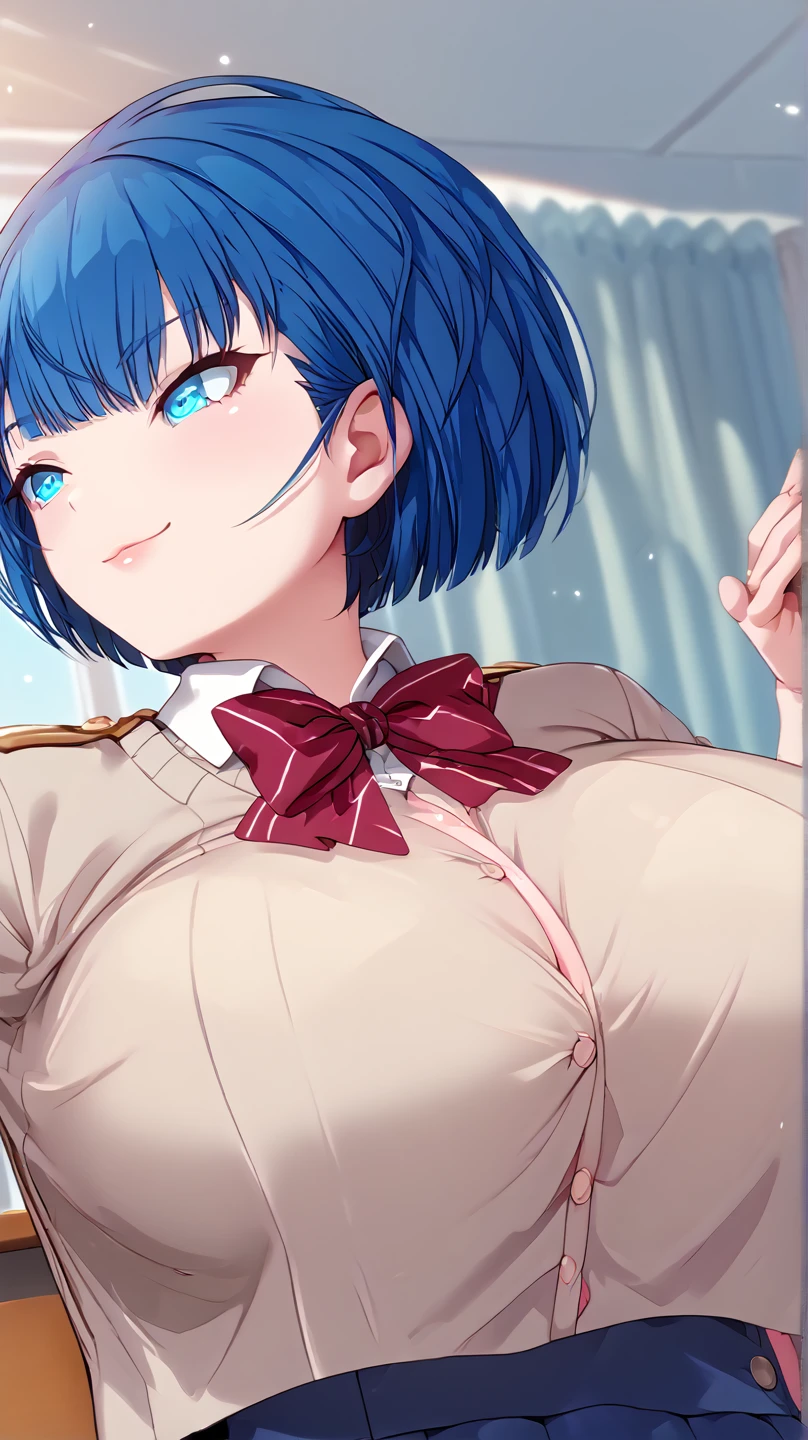masterpiece, photoreal, high definition, slim waist, long legs, wet skin, huge ass, huge breasts, masterpiece, best quality, absurdres, perfect anatomy, 1girl, solo, Sailor Mercury, (1990s \(style\), short blue hair, glasses, smile, blue eyes, Mogudan_School_outfit, Seifuku, white thigh highs, legs spread, on bed, covered in cum, wet skin, cum drip, bukkake, breast milk, cum on face, cum on tits, lip biting