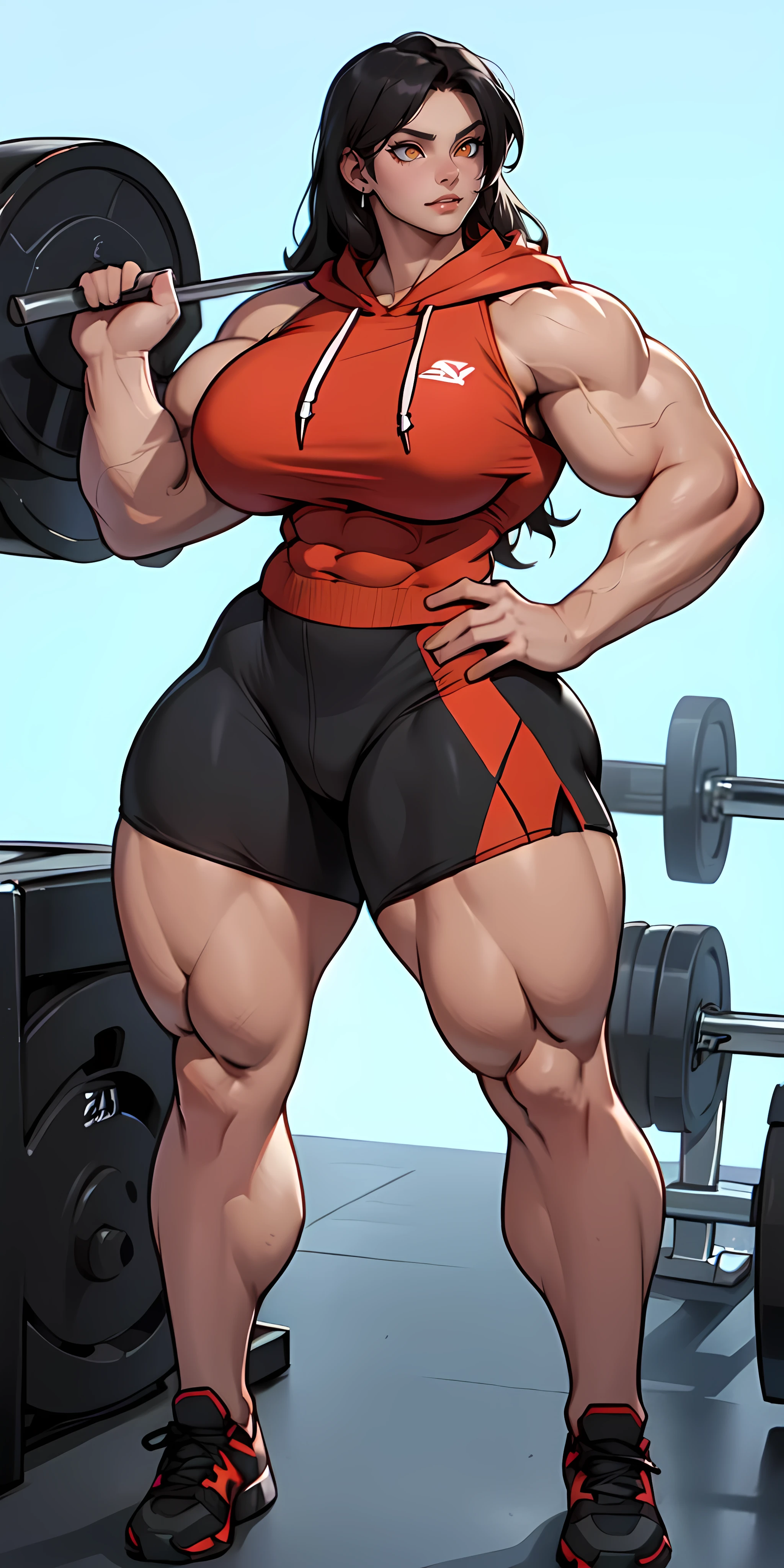 full body 1 girl (((((massive female bodybuilder))))) ((((huge breasts:1.3)))) ((NSFW)) (naked) (long legs) pale skin black hair yellow eyes long hair