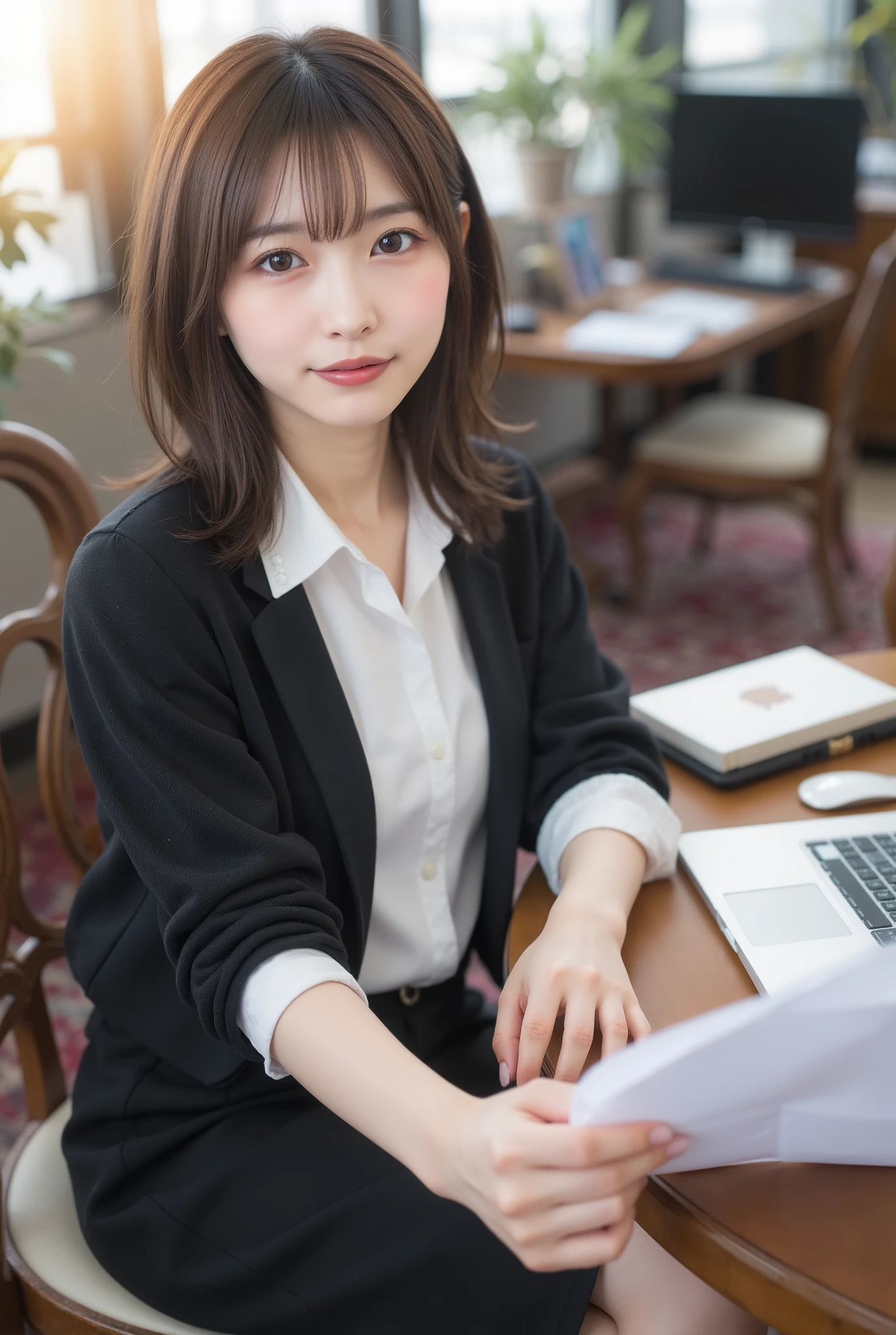 (Highest Quality、8k、best image quality、超A high resolution:1.5, (photorealistic:1.4),masterpiece:1.2,(top-quality:1.4)、Raw photo)、woman working in an office、suits、OL、(highlight your body line:1.1)、Portrait of a beautiful classy woman、THE MOST ELEGANT AND COZY OFFICE、THE MOST NATURAL OFFICE, Perfectly organized、The brightest light 、STYLISH ELEGANT AND ELEGANT OFFICE、white blouse、blurry background 、 look at me and laugh、super high resolution perfect and beautiful teeth、Ultra HD beautiful face、ultra HD hair、Ultra HD The Shining Eyes、The Shining, Super High Quality Beautiful Skin 、SUPER HIGH QUALITY GLOSSY LIPS 1 BEAUTIFUL WOMAN、INTELLIGENT AND CULTURATED BEAUTIFUL WOMAN、30 years old、beautiful and meticulous eyes、detailed face、beautiful skin、slender、thin legs、 beautiful feet、tight skirt、Glamorous Hairstyles:1.mile:1.2、1a japanese woman、Cute、 (RAW Photo:1.2), (photorealistic:1.4), beautiful detailed woman , Very Well Detailed Eyes and Faces、hair that extends to the shoulders、Shortcut Hair、dynamic、brown hair、full body shot