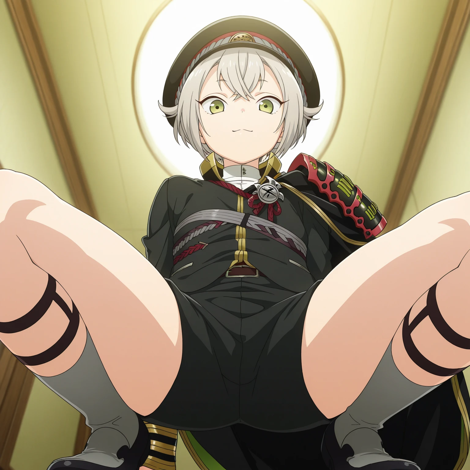 asked Degurechaff.。, uniform, 、ergartyears old、、 of、one g breasts、squat with legs apart、blush、Cute patterned pants